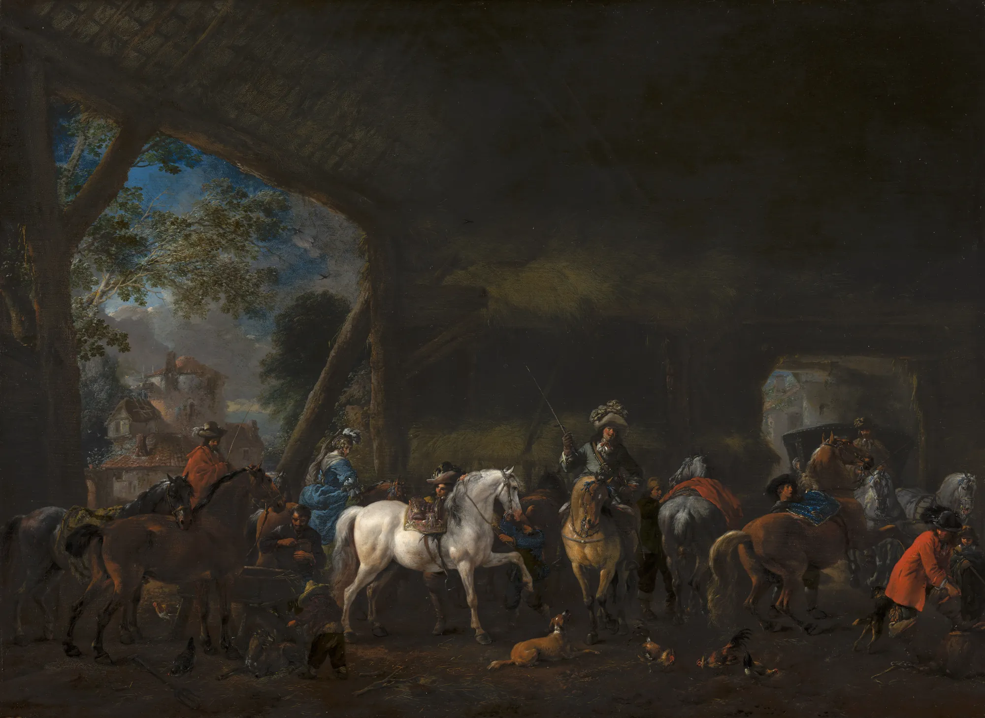 The Arrival at the Stable The Arrival at the Stable by Philips Wouwerman. A large group of travelers and their horses gather within the deep shadows of a rustic stable, centered around a prominent white horse.