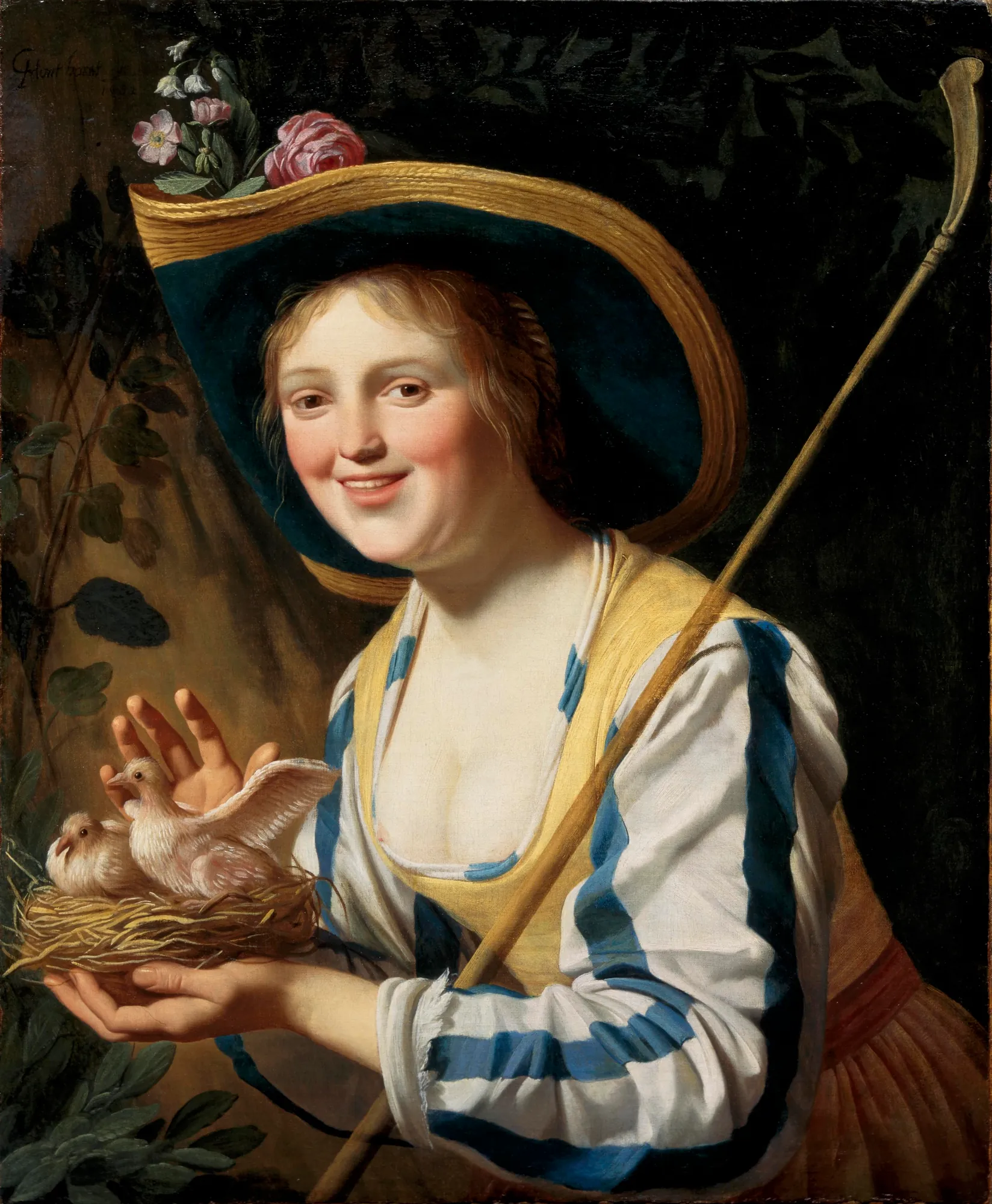 Shepherdess with Doves Shepherdess with Doves by Gerard van Honthorst. A smiling young shepherdess in a blue and white striped bodice and a large yellow hat decorated with roses holds a nest with two doves.