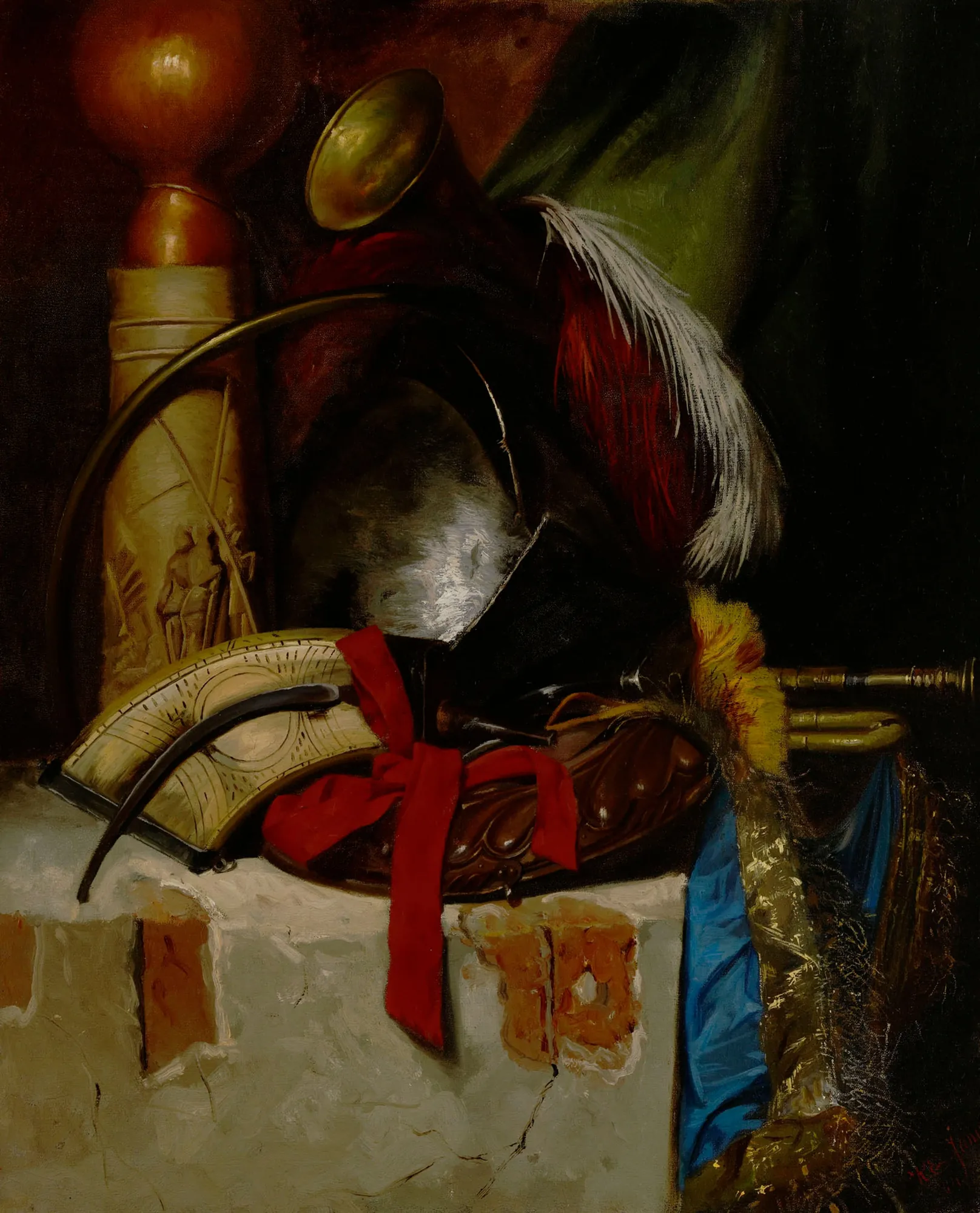 Still Life with Weapons and Armor Still Life with Weapons and Armor by Karl Jansson. A dramatic still life arrangement featuring a plumed helmet, powder horn, and trumpet on a stone ledge against a dark background.