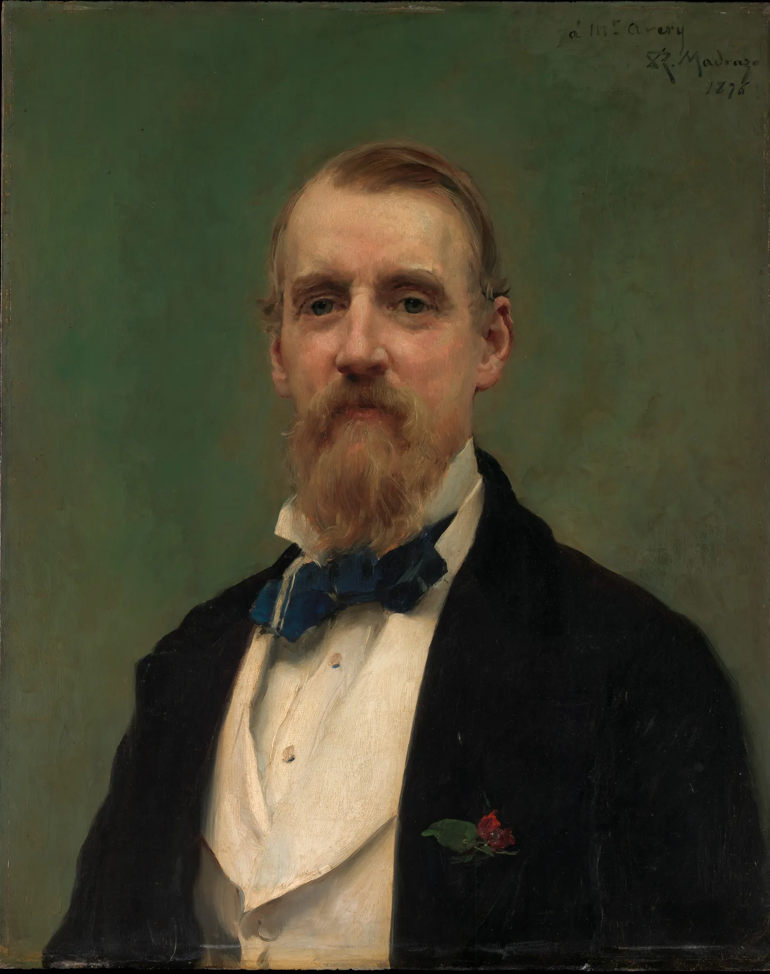Samuel P. Avery Samuel P. Avery by Raimundo de Madrazo y Garreta. A formal half-length portrait of a gentleman with a fair beard and mustache, wearing a black jacket and blue cravat against a soft green background.