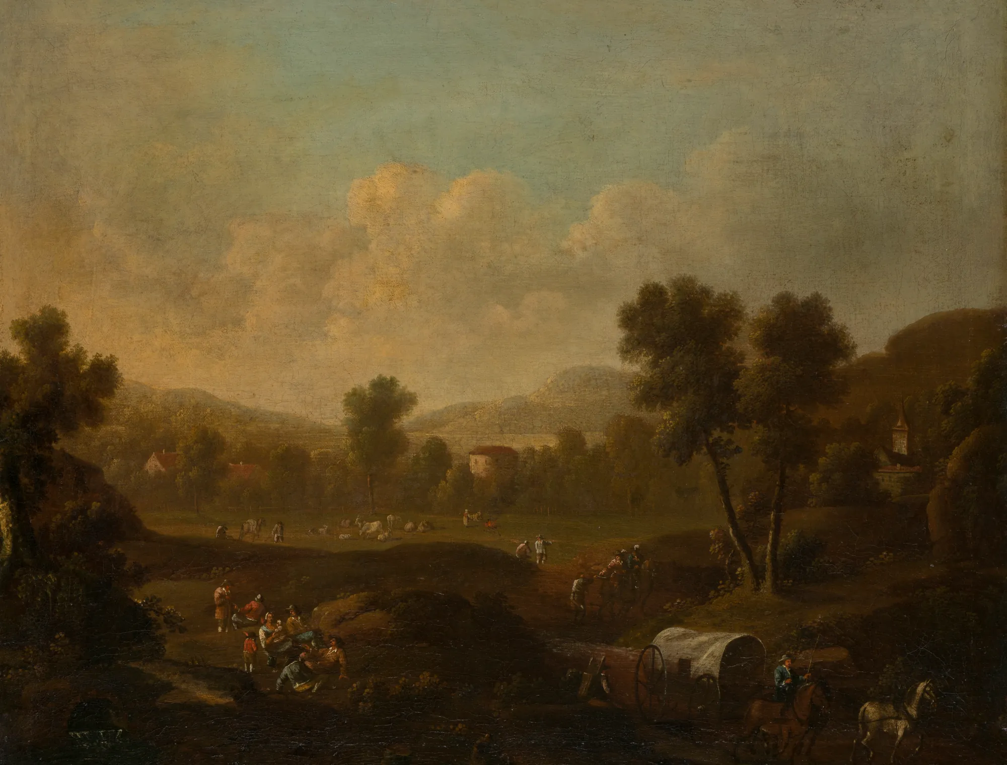 Mountainous Landscape with Figures Resting and Covered Wagon