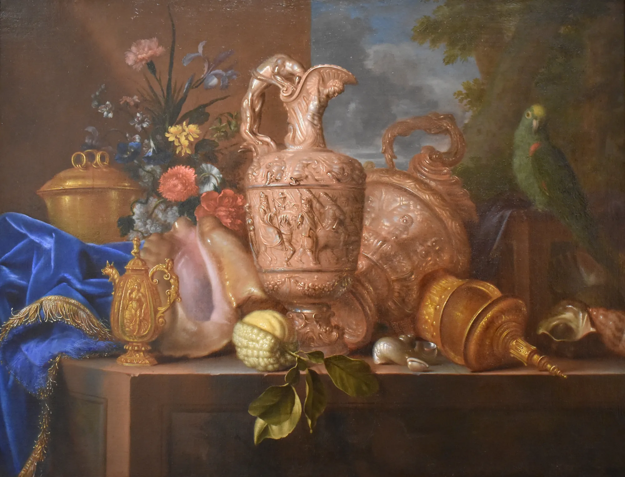Ewers, Flowers, Shells and a Parrot (Aiguières, fleurs, coquillages et perroquet)