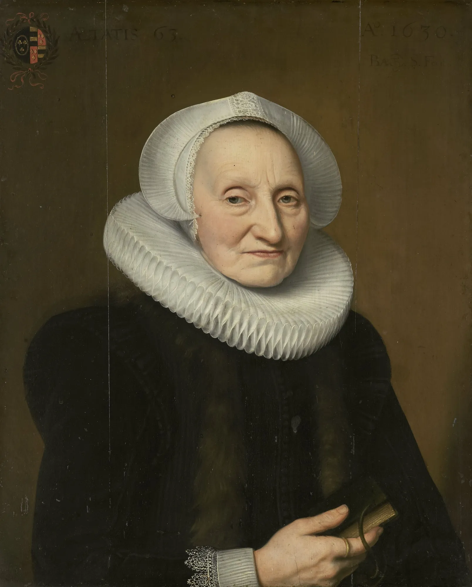 Portrait of Belia Claesdr Portrait of Belia Claesdr by Bartholomeaus Sarburgh. A half-length portrait of an elderly woman in 17th-century Dutch attire, wearing a large white millstone ruff and a black dress.