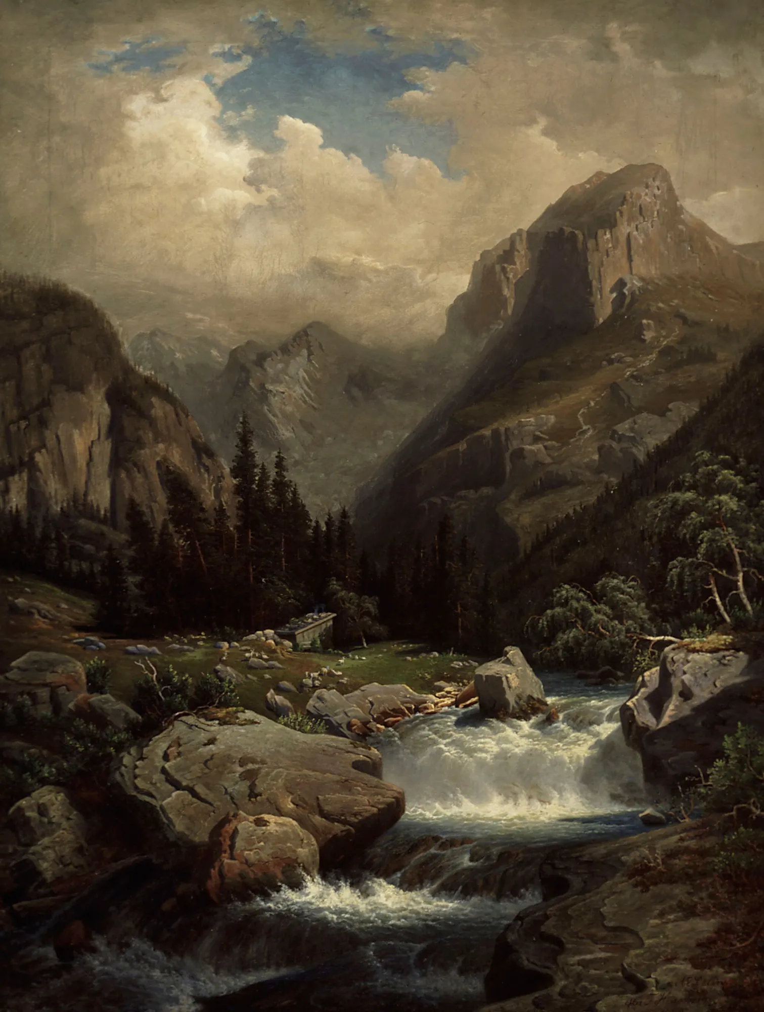 Bavarian Mountain Scenery Bavarian Mountain Scenery by Augusta Soldan. A dramatic alpine landscape featuring a cascading rocky stream in the foreground beneath towering, craggy peaks and a turbulent, cloud-filled sky.
