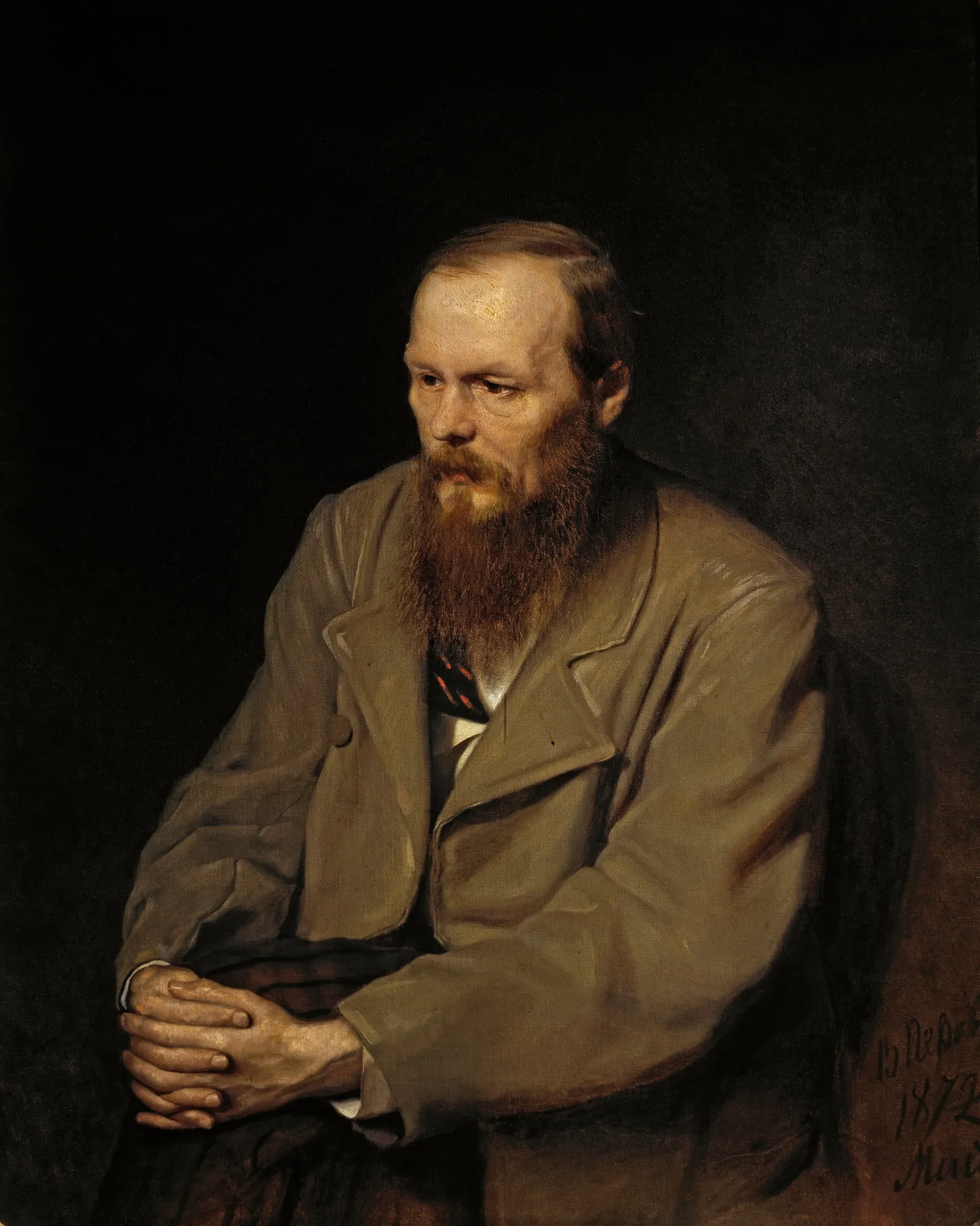 Portrait of Fyodor Dostoyevsky Portrait of Fyodor Dostoyevsky by Vasily Perov. A solemn portrait of a man with a full beard and clasped hands sitting in three-quarter view against a dark, textured background.