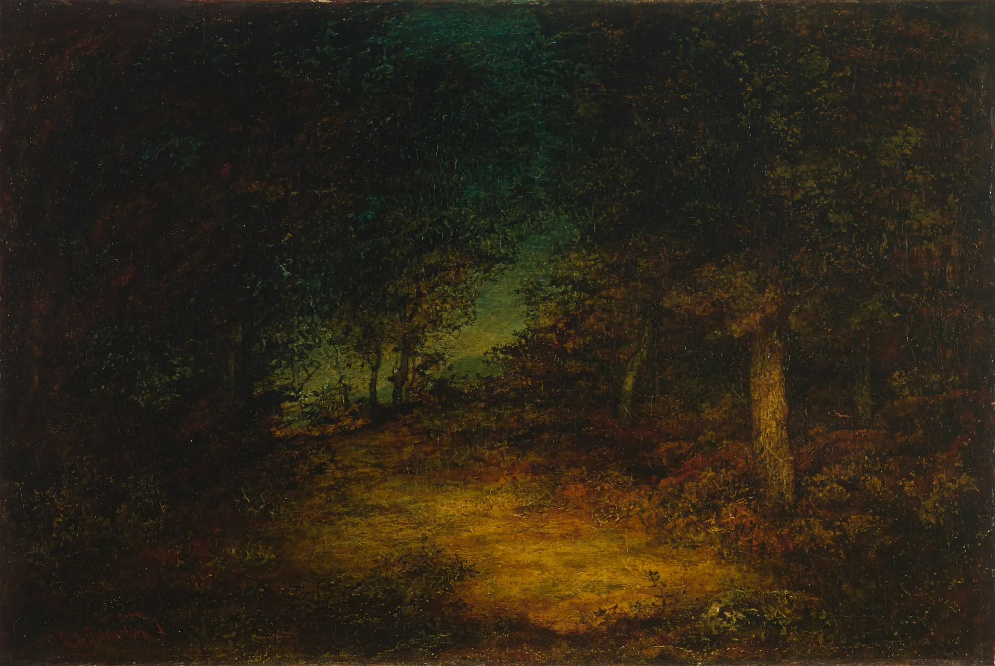 Wood Interior Wood Interior by Ralph Albert Blakelock. A dense, dark forest scene with a pool of warm light illuminating the foreground clearing and tree trunks.