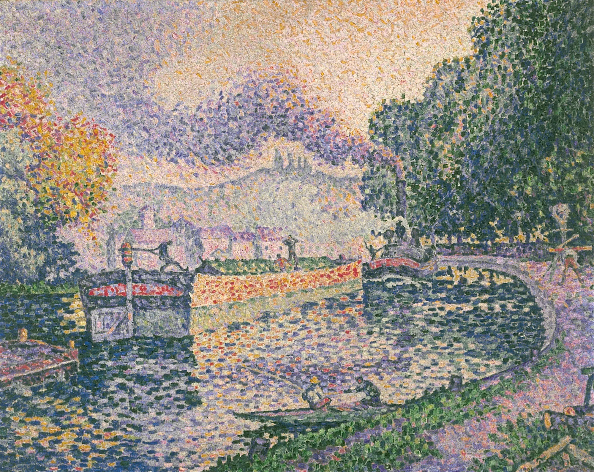 The Tugboat, Canal in Samois The Tugboat, Canal in Samois by Paul Signac. A vibrant Pointillist landscape depicting a tugboat on a canal, framed by lush green trees and a shimmering, dot-filled sky.