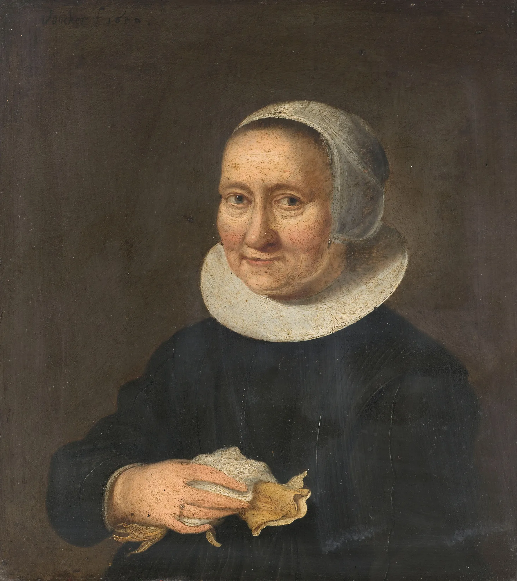 Portrait of a Woman Portrait of a Woman by Herman Doncker. A formal portrait of an elderly woman in 17th-century Dutch dress, featuring a prominent white ruff and cap while holding gloves.