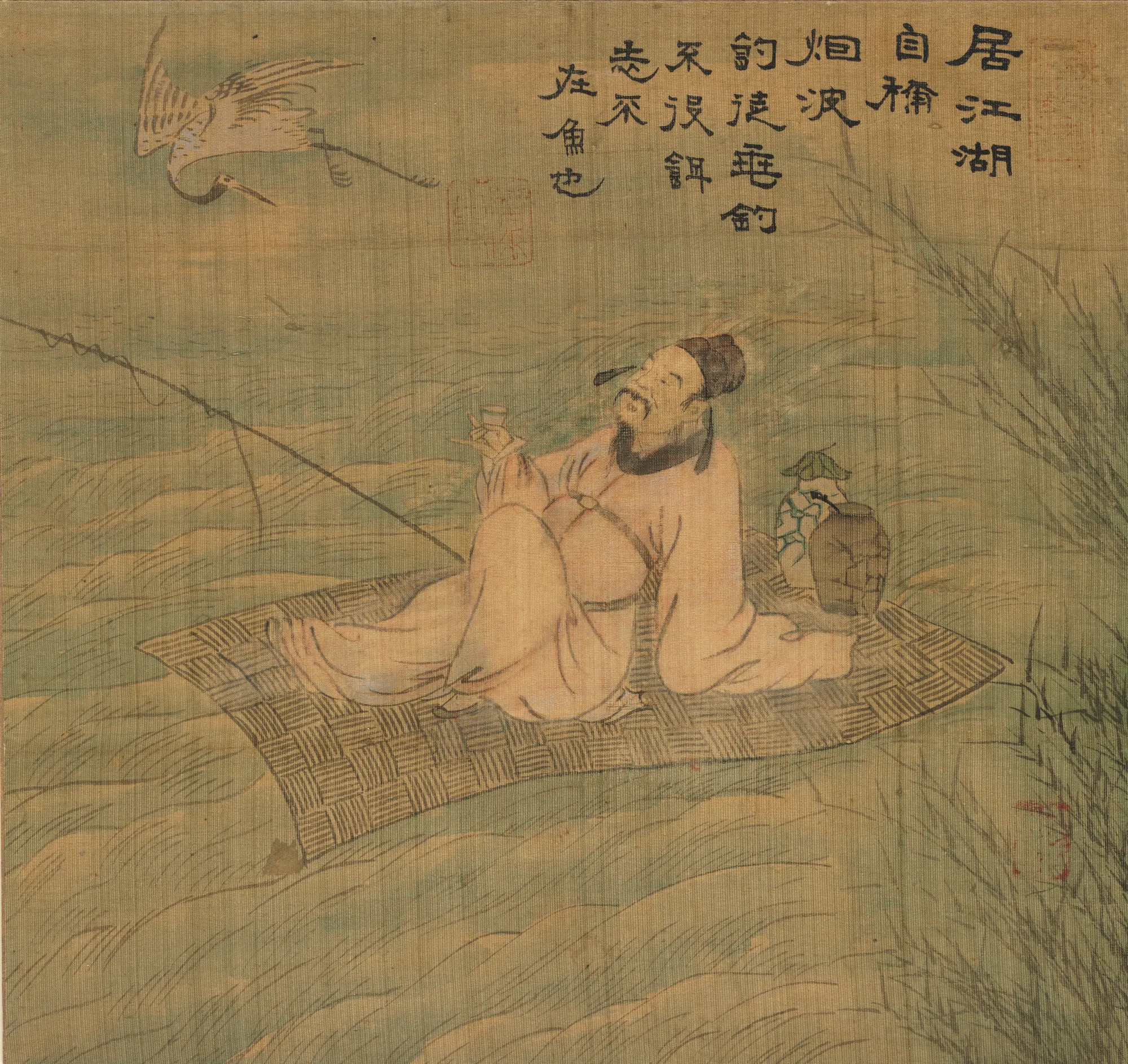Poet Fisherman Poet Fisherman by Unknown Artist. A man in traditional Korean robes sits on a woven mat on a boat, holding a small cup as a crane flies overhead.