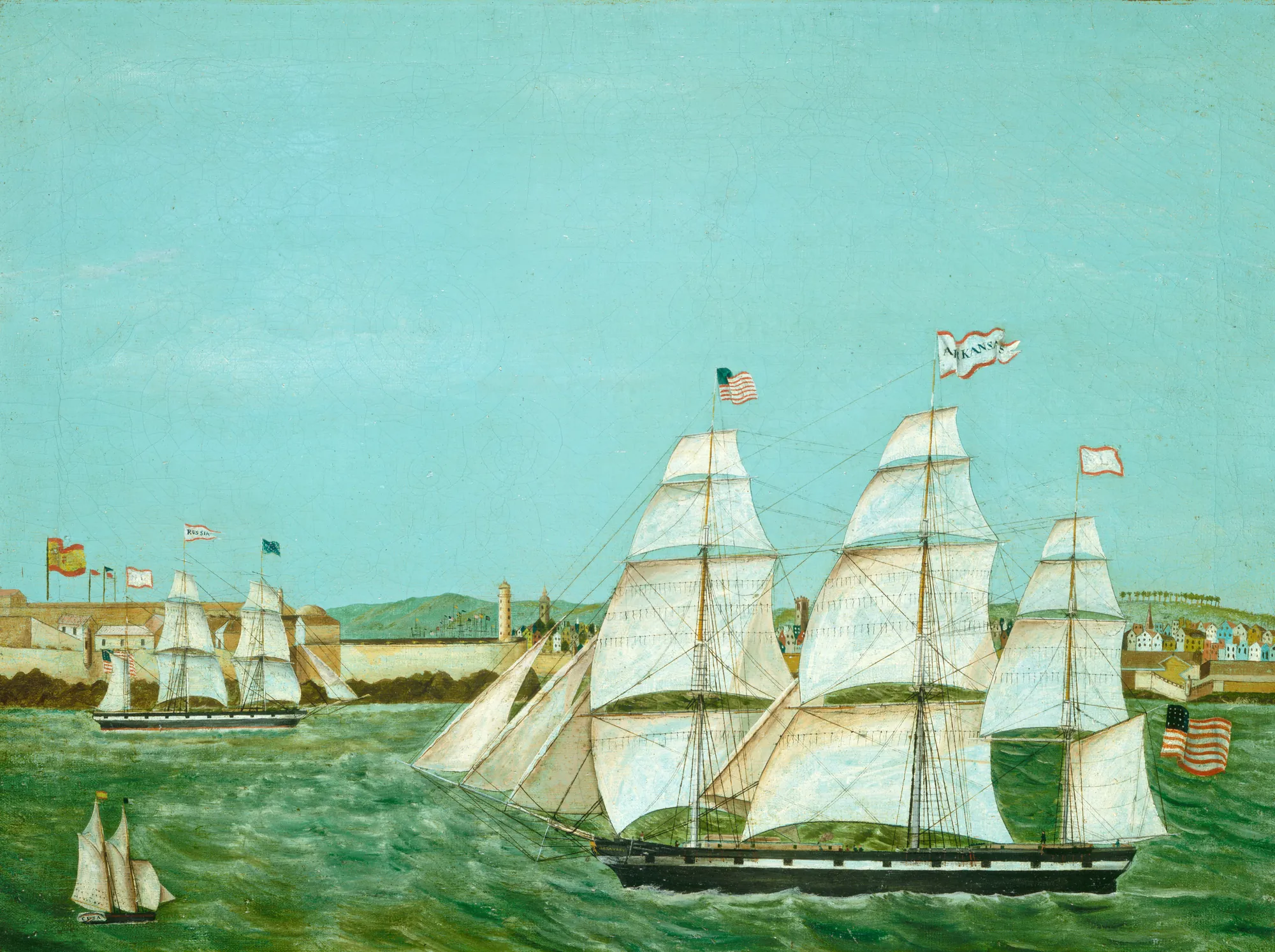 Ship "Arkansas" Leaving Havana Ship "Arkansas" Leaving Havana by A. Hashagen. A three-masted sailing ship named "Arkansas" navigates choppy green waters with a coastal city and fort in the background.