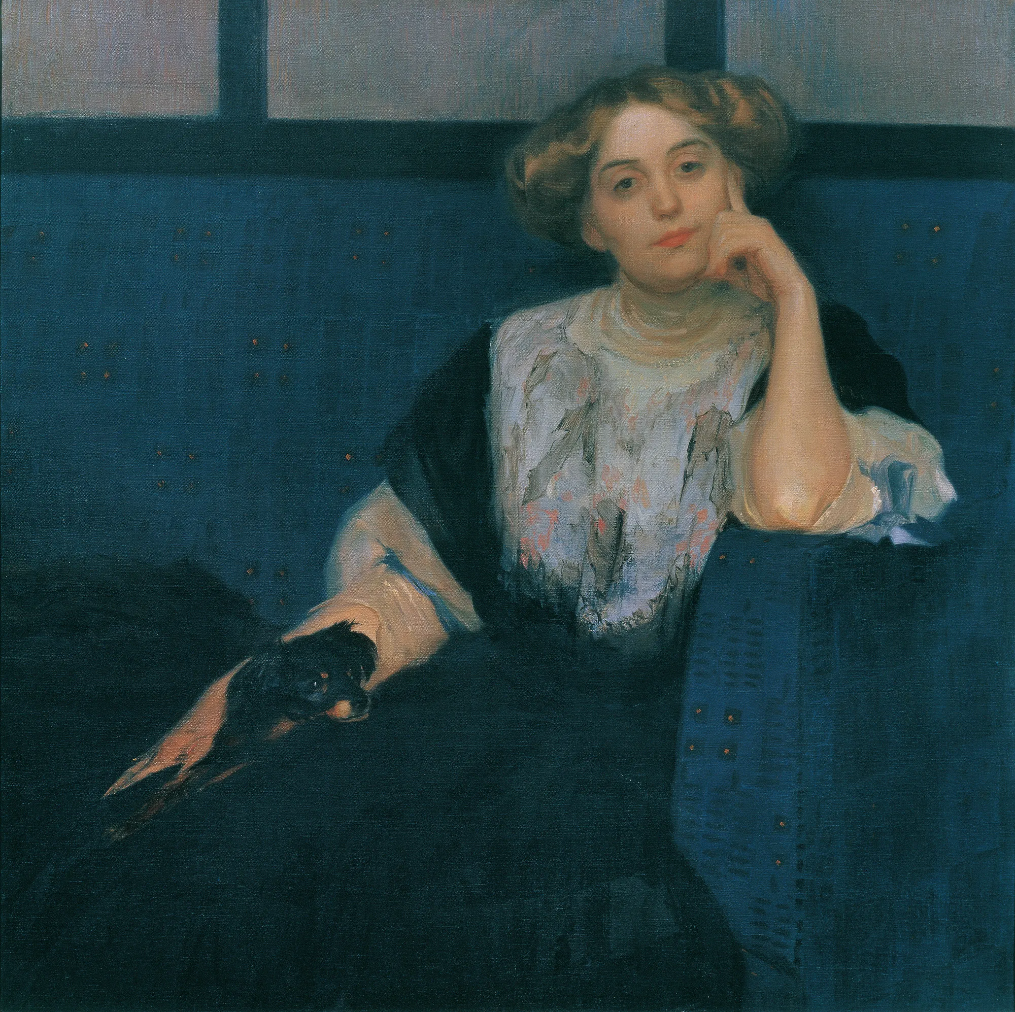 Elsa Galafrés Elsa Galafrés by Otto Friedrich. A seated woman in an elegant lace blouse and dark shawl rests her hand on a small black dog while leaning against a deep blue sofa.