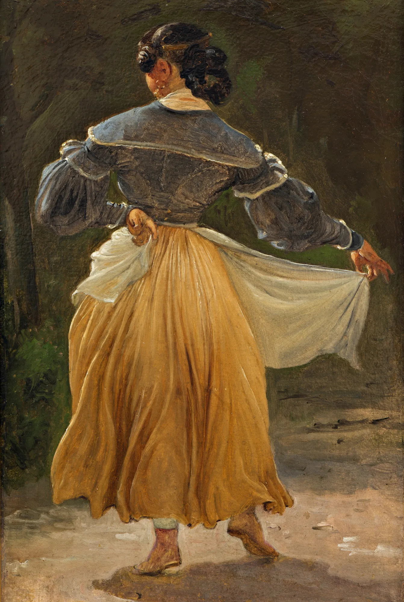 Dancing Roman Woman Dancing Roman Woman by Wilhelm Marstrand. An oil study depicting a woman from behind in mid-dance, wearing a blue jacket and a voluminous yellow skirt against a dark background.