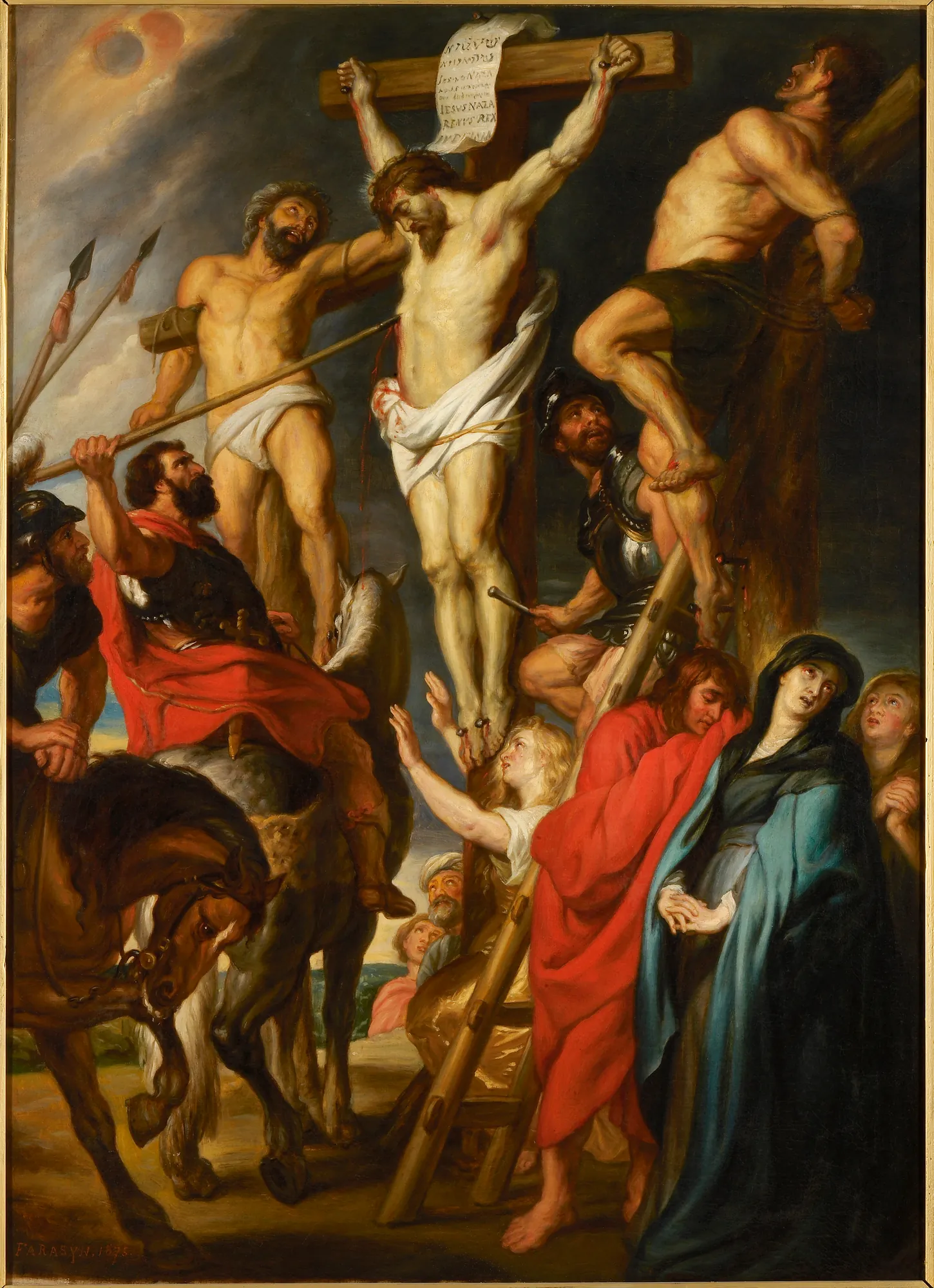 Christ between the Two Malefactors (The Coup de Lance) Christ between the Two Malefactors (The Coup de Lance) by Louis Farasyn. A dynamic oil painting depicting the crucifixion with a Roman soldier on horseback piercing Christ's side with a spear while mourners gather below.