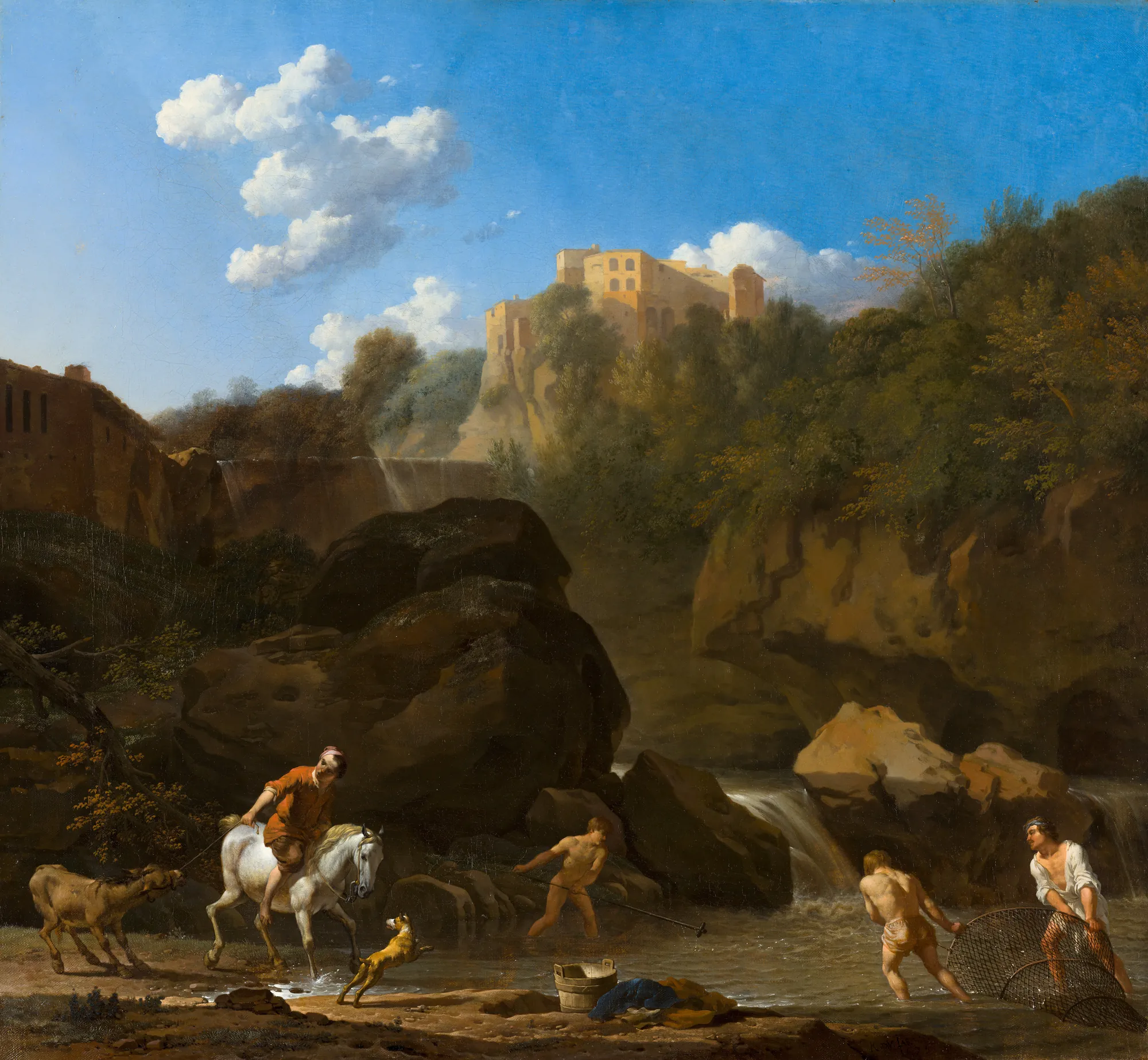 The Waterfalls at Tivoli The Waterfalls at Tivoli by Karel Dujardin. A dramatic landscape featuring the cascading waterfalls of Tivoli beneath a bright blue sky, with figures fishing and riding in the foreground.