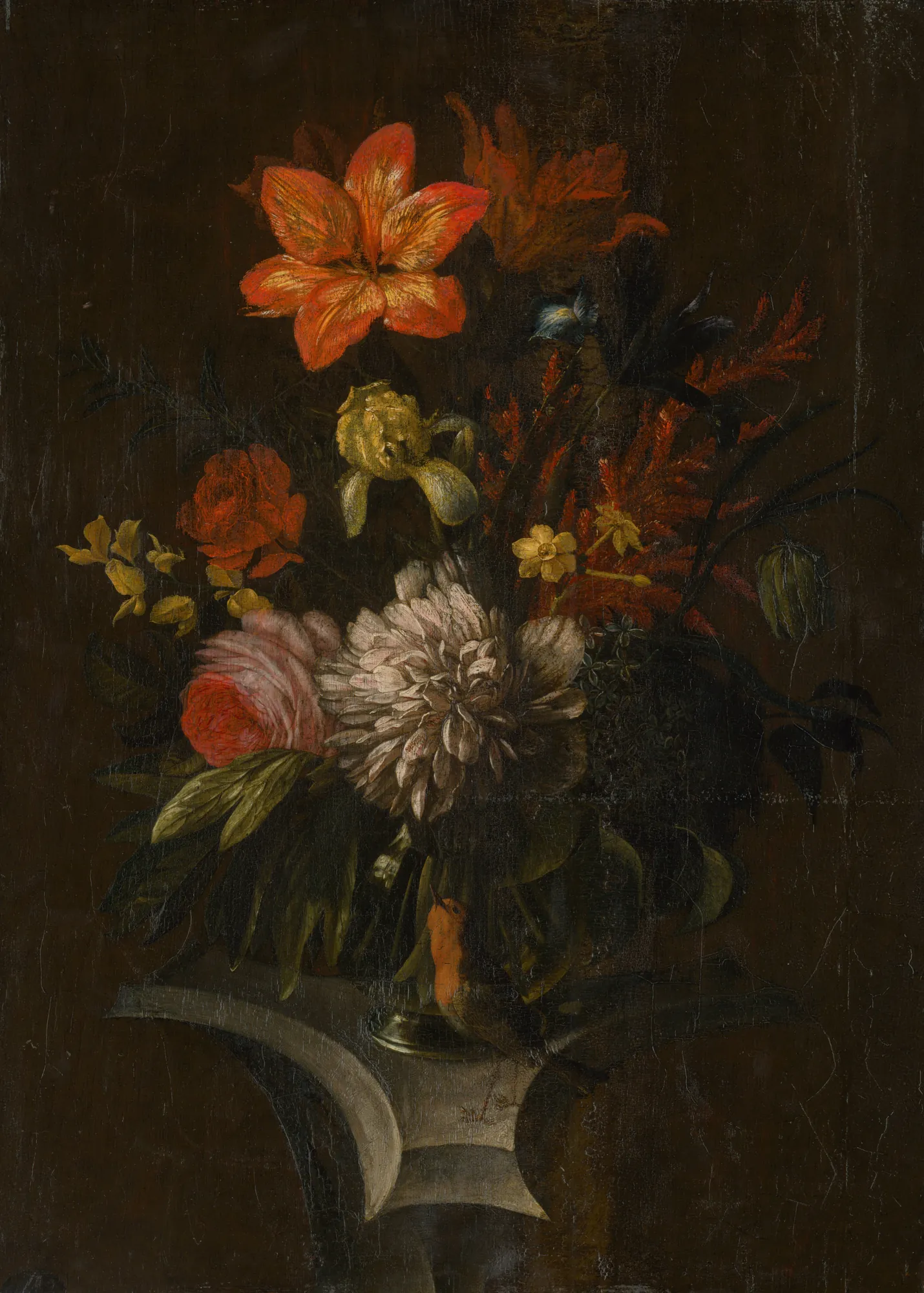 Still Life with Flowers Still Life with Flowers by Unknown Artist. A lush arrangement of flowers including a prominent orange lily, roses, and a peony in a dark vase set upon a stone plinth.