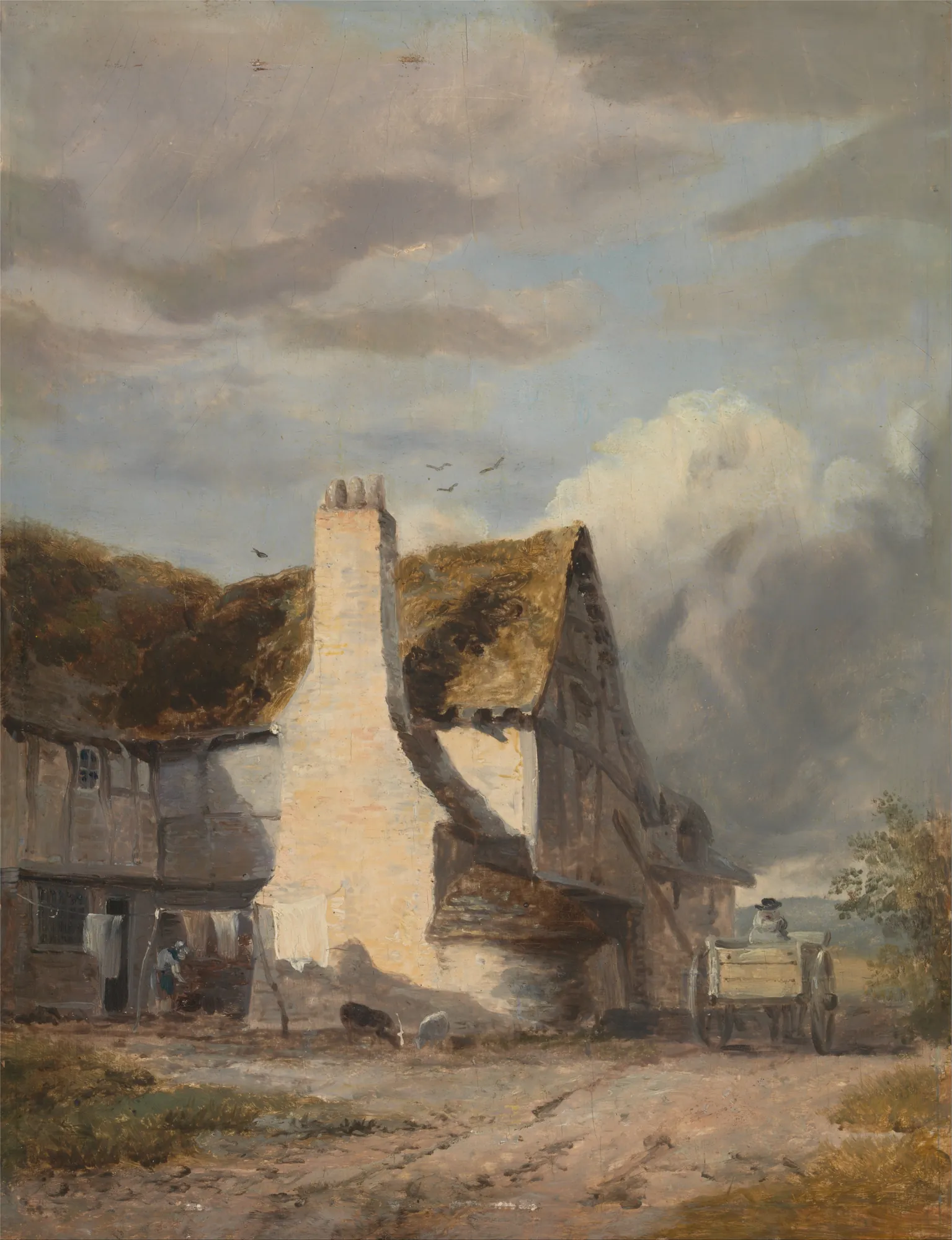 Cottage by a Country Lane Cottage by a Country Lane by Augustus Wall Callcott. An oil painting depicting a rustic cottage with a prominent white chimney and thatched roof situated along a dirt path with a horse-drawn cart.