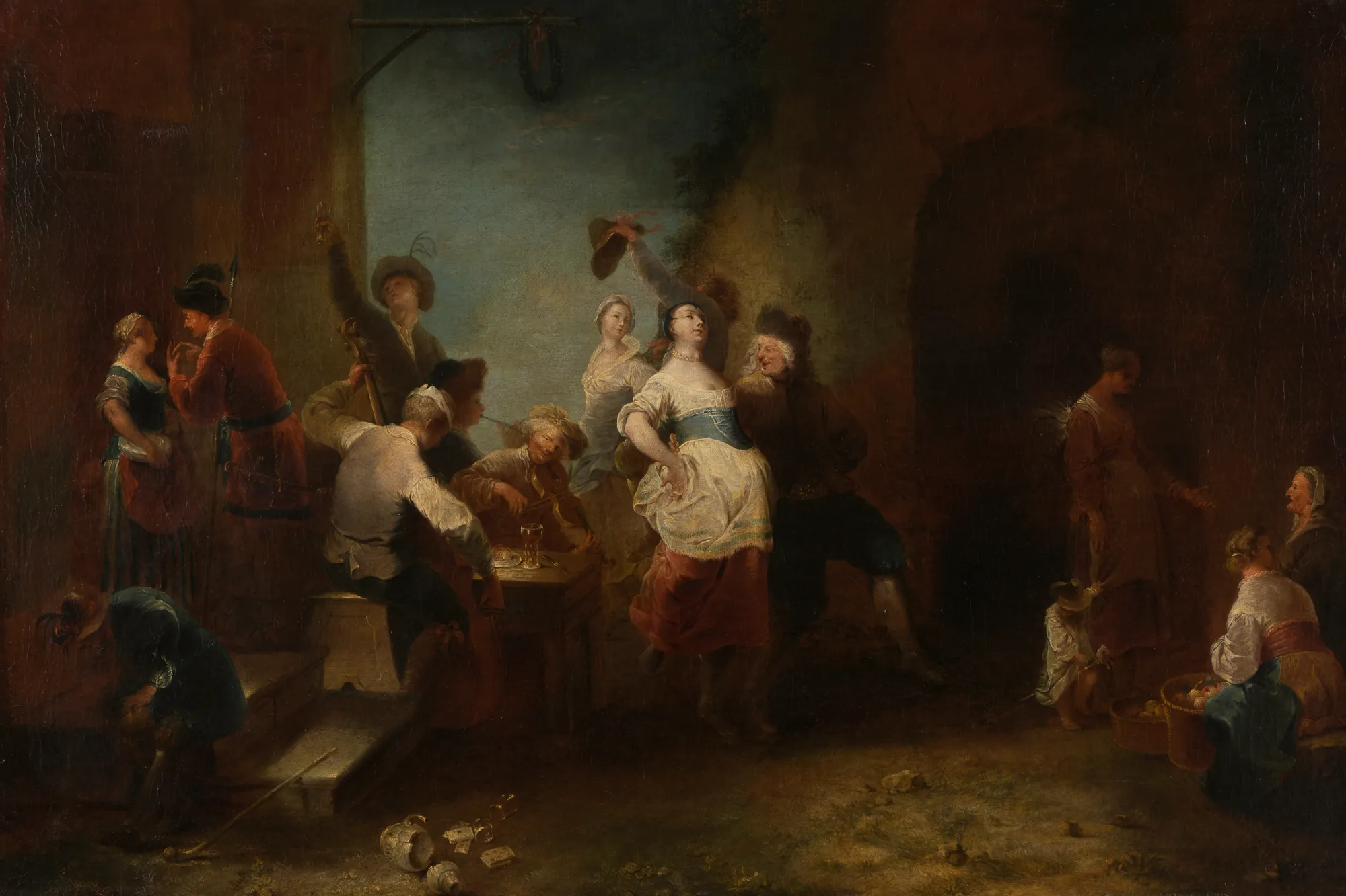 A Merry Company Dancing outside an Inn A Merry Company Dancing outside an Inn by Januarius Zick. A lively outdoor scene at dusk featuring a group of figures dancing, playing music, and drinking outside a rustic building.