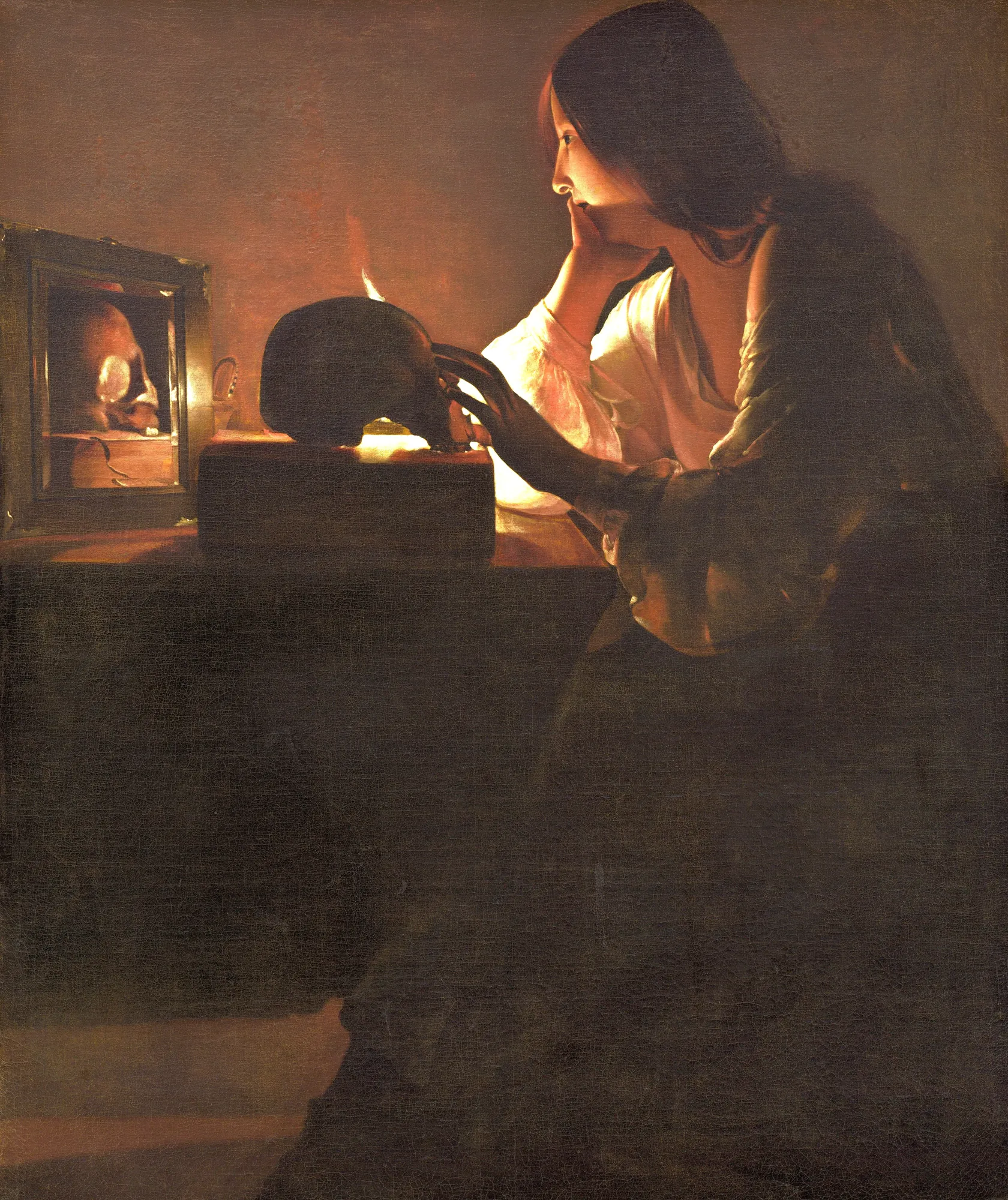 The Repentant Magdalen The Repentant Magdalen by Georges de La Tour. A young woman in profile sits in a dimly lit room, contemplating a skull resting on a book by the light of a single candle.