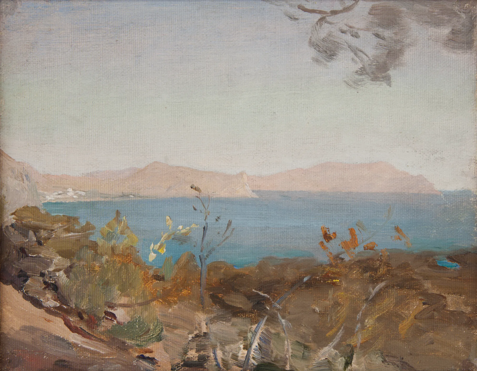 Sudak Sudak by Jan Ciągliński. A muted impressionist landscape depicting the Crimean coast at Sudak, with a calm blue sea framed by rocky foreground terrain and distant, hazy mountains.