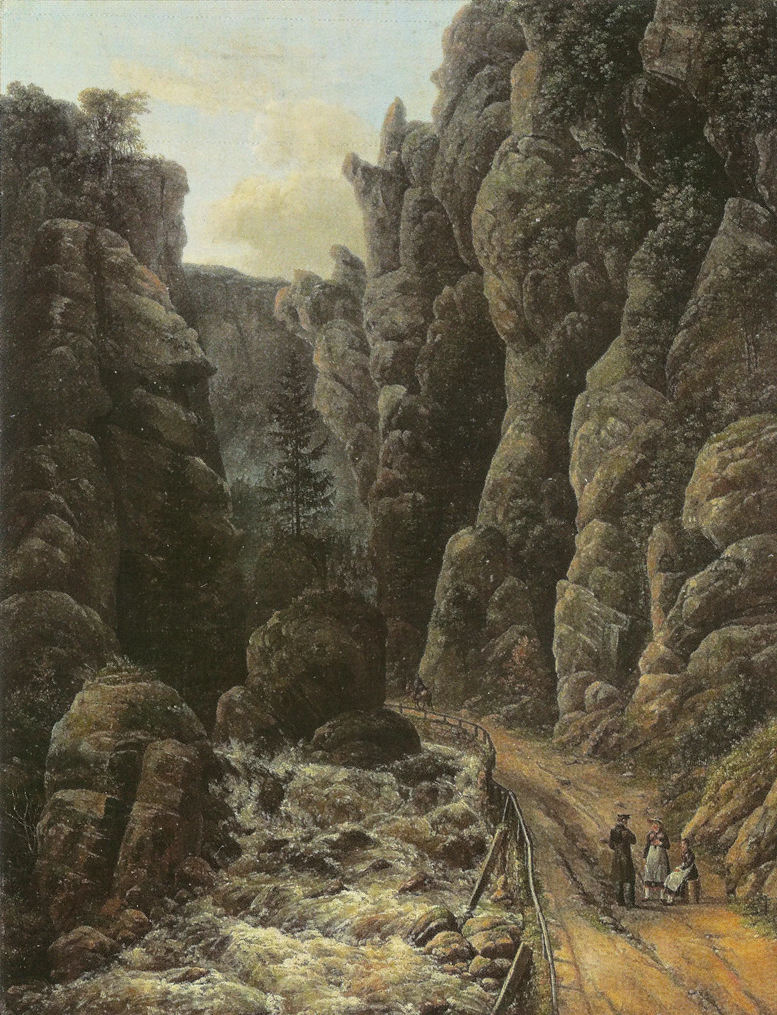 Gorge in the Sächsische Schweiz Gorge in the Sächsische Schweiz by Johan Christian Dahl. A vertical oil painting of a deep, rocky gorge with a rushing mountain stream and small figures walking on a narrow path.