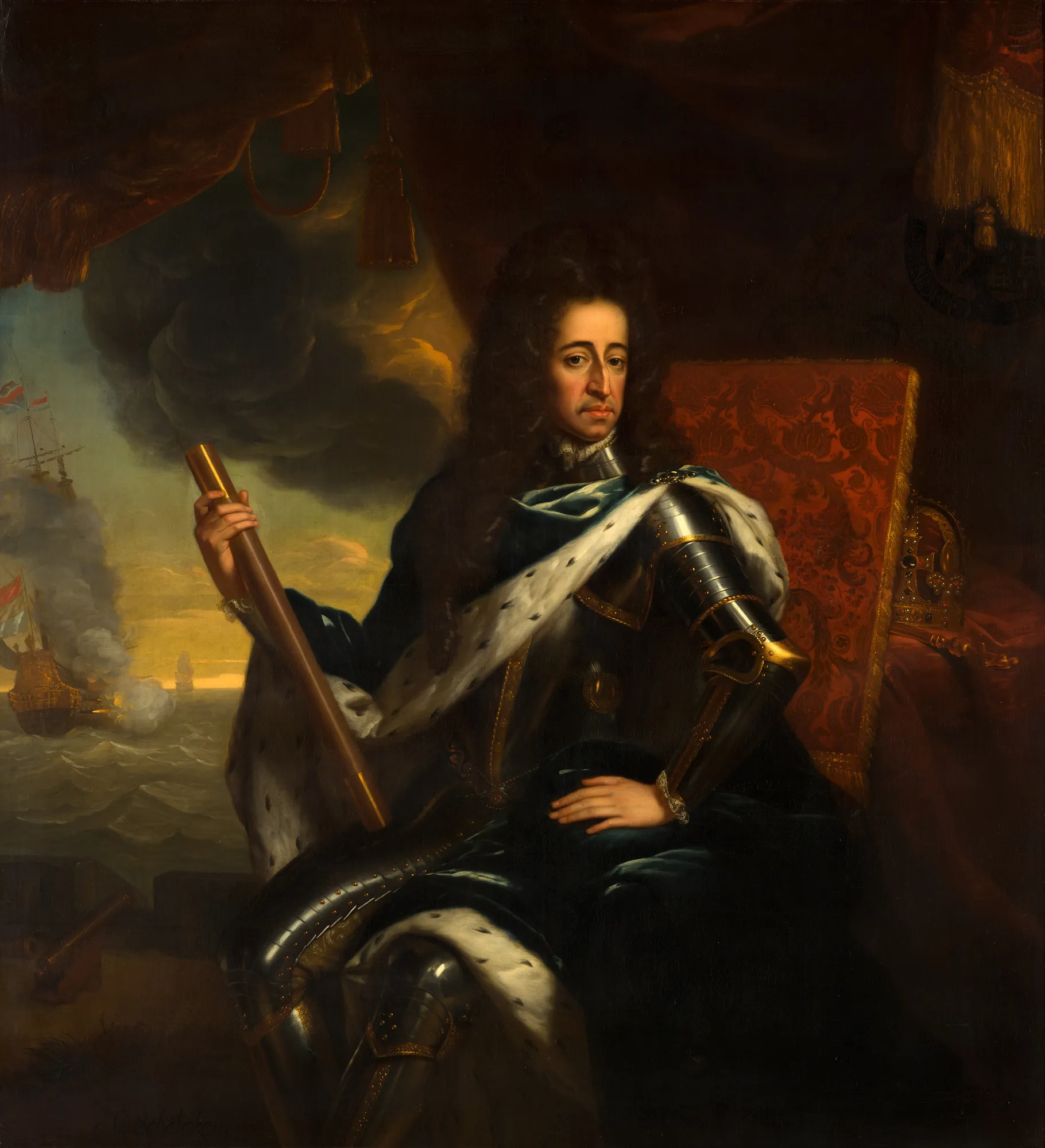 Portrait of Stadholder-King William III Portrait of Stadholder-King William III by Godfried Schalcken. A formal portrait of King William III in armor, draped in an ermine-lined cloak, seated before a dark drapery with a naval battle visible in the background.