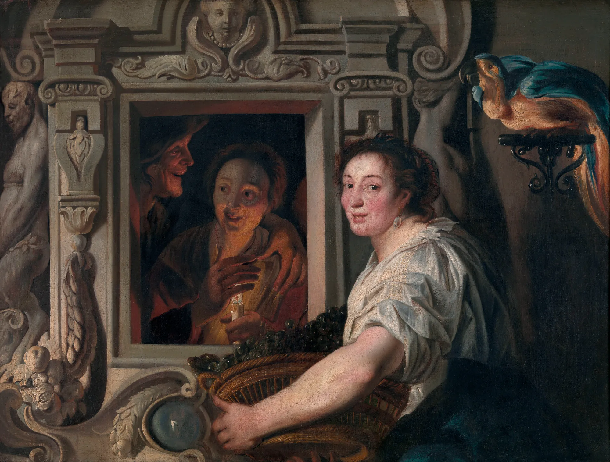 Maidservant with Fruit Basket and Two Lovers