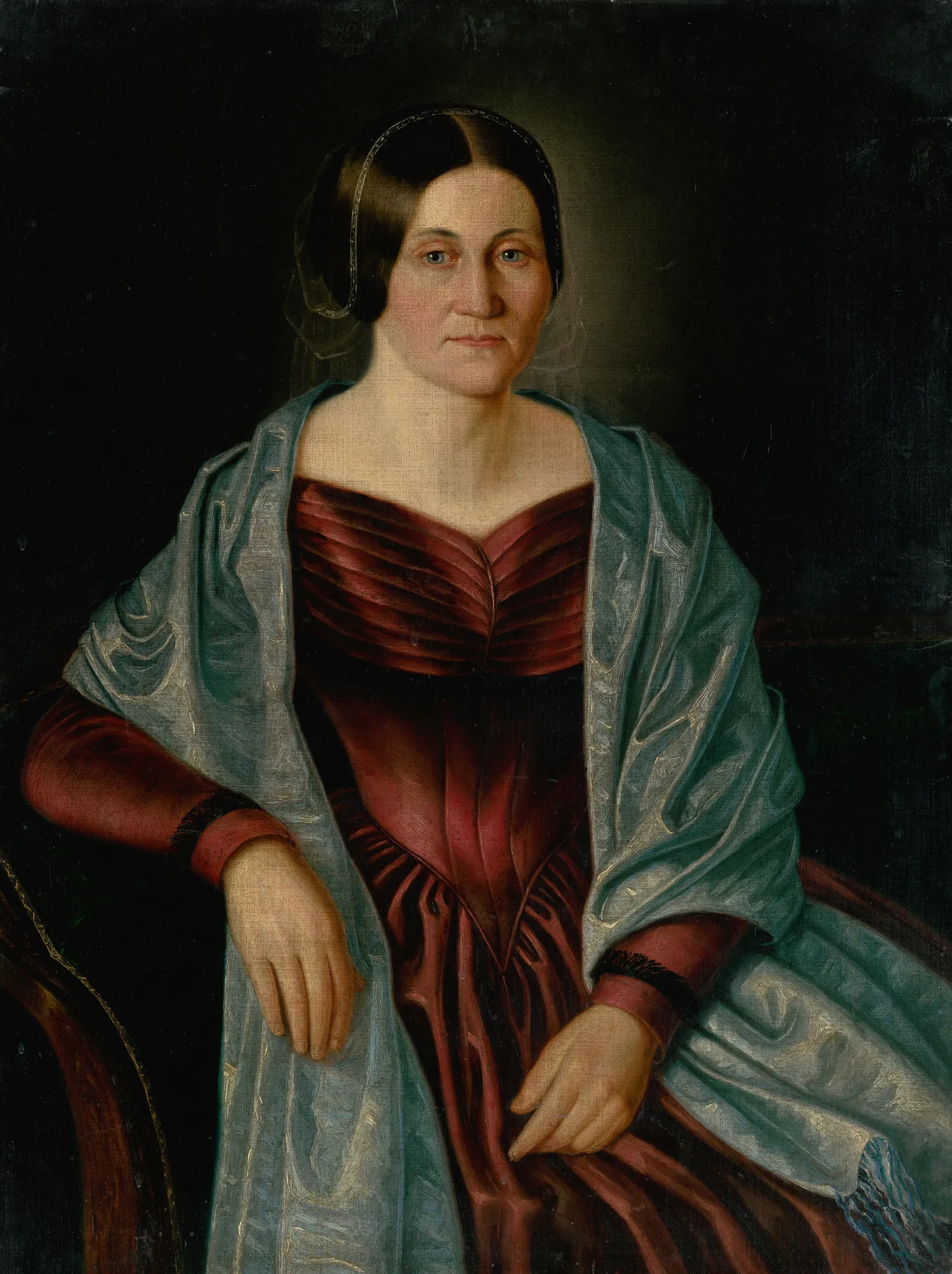 Portrait of Mrs. Plechová Portrait of Mrs. Plechová by Peter Michal Bohúň. A half-length portrait of a woman wearing a deep red silk dress and a shimmering blue shawl against a dark background.