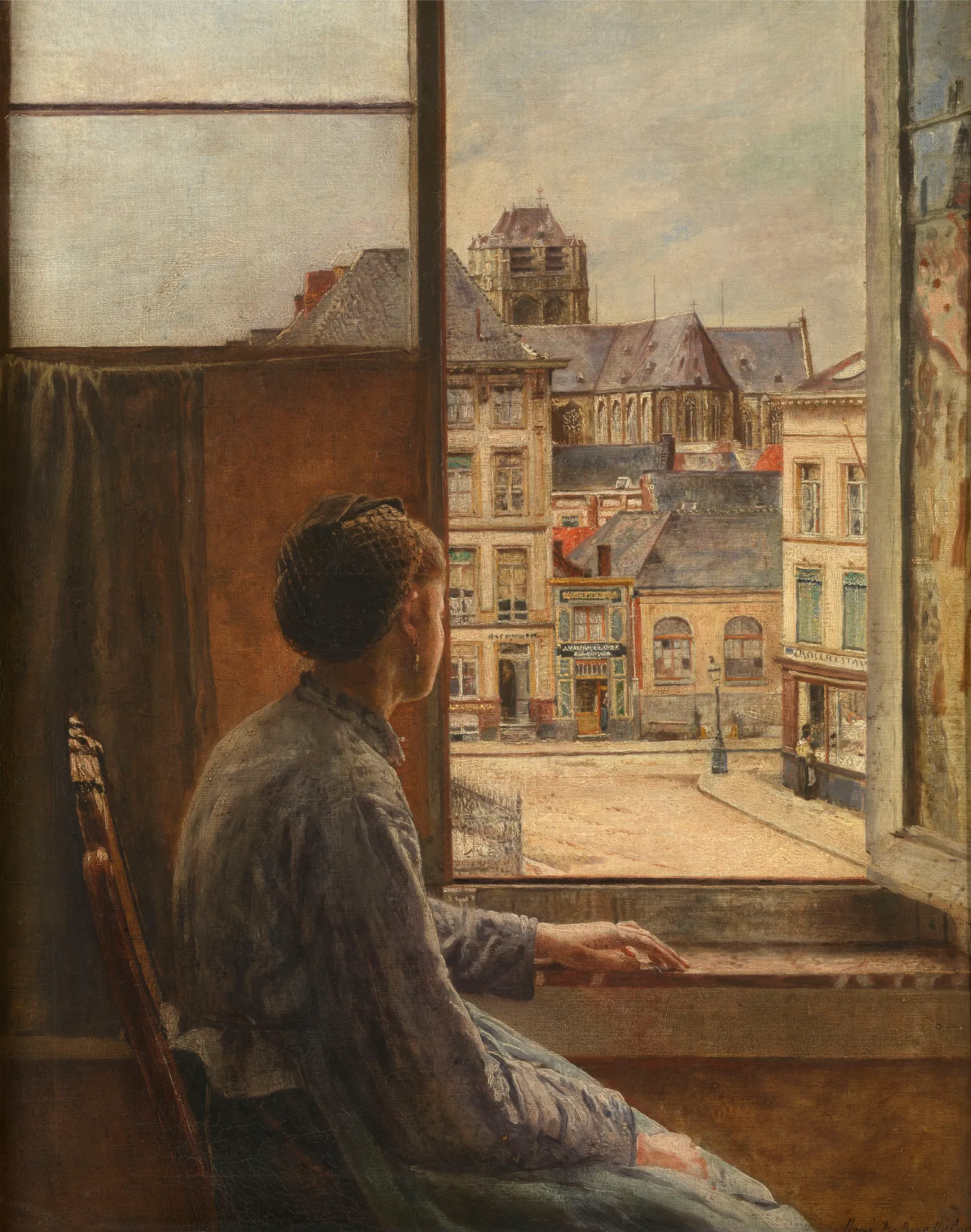 The Teniersplaats in Antwerp The Teniersplaats in Antwerp by Henri de Braekeleer. A woman is seated at an open window, looking out over a sunlit city square with traditional European architecture.