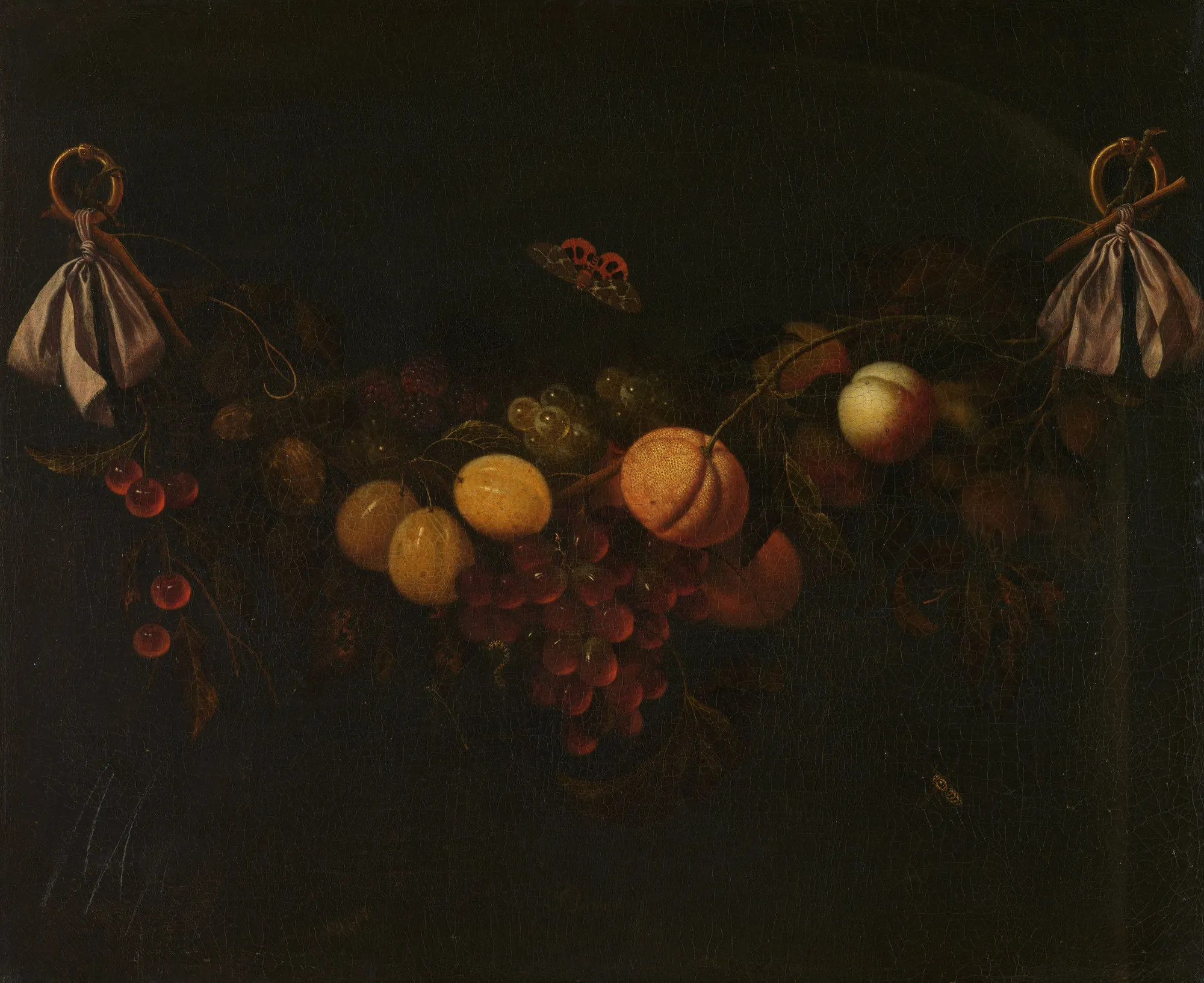 Festoon of Fruit Festoon of Fruit by Johannes Borman. A garland of peaches, grapes, cherries, and other fruits hangs suspended by ribbons against a deep black background.
