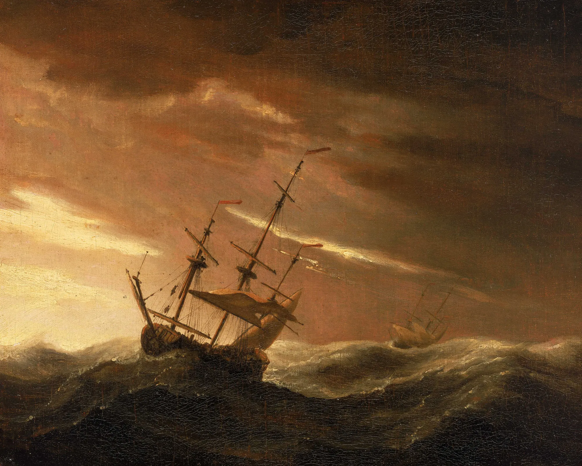 An English Ship at Sea Lying-To in a Gale