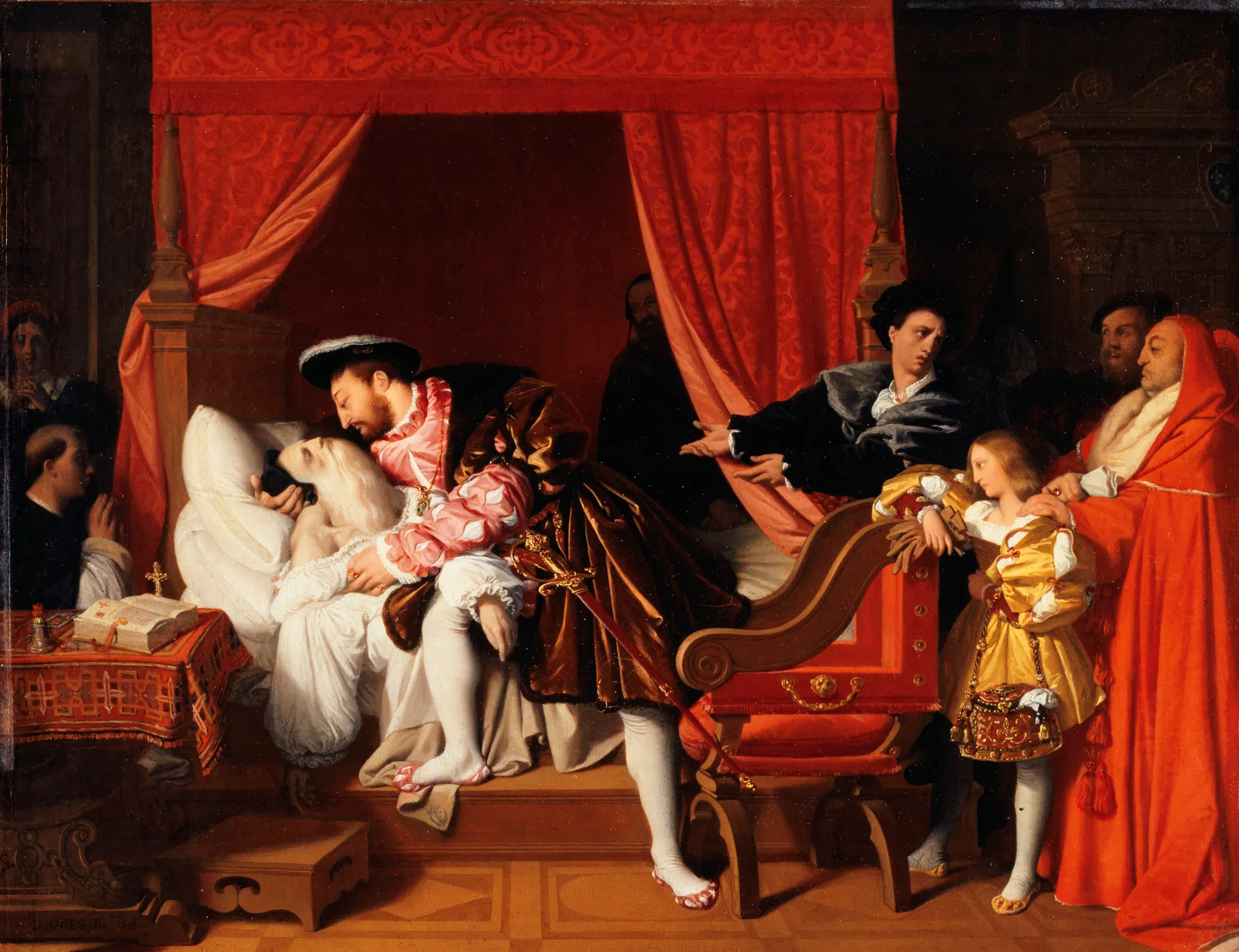 The Death of Leonardo da Vinci The Death of Leonardo da Vinci by Jean-Auguste-Dominique Ingres. A theatrical historical painting depicting King Francis I cradling the dying Leonardo da Vinci within a grand interior featuring a deep red canopy bed.