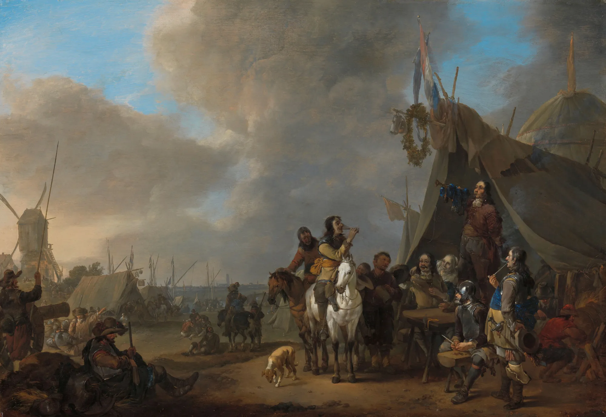 Army Camp Army Camp by Johannes Lingelbach. A bustling Dutch army encampment featuring soldiers, horses, and tents under a dramatic, cloudy sky with a windmill in the distance.