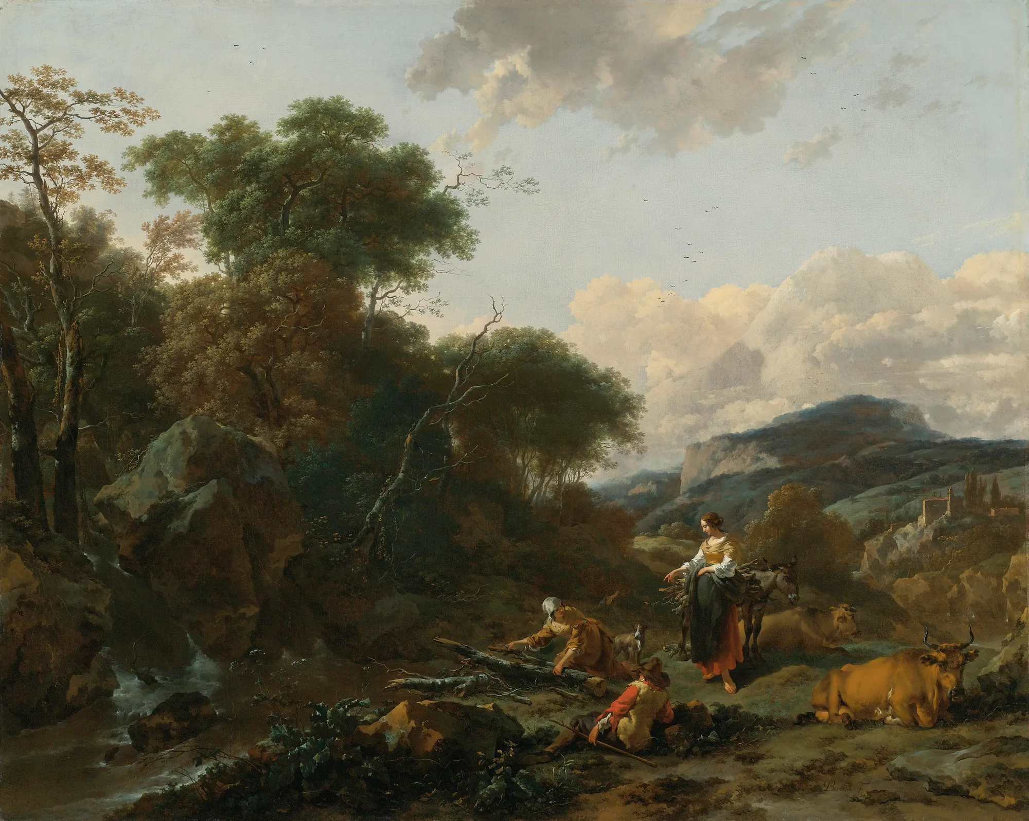 Landscape with Figures Landscape with Figures by Nicolaes Pieterszoon Berchem. A pastoral landscape featuring figures gathering wood near cattle and a donkey amidst a rocky, wooded terrain under a luminous sky.