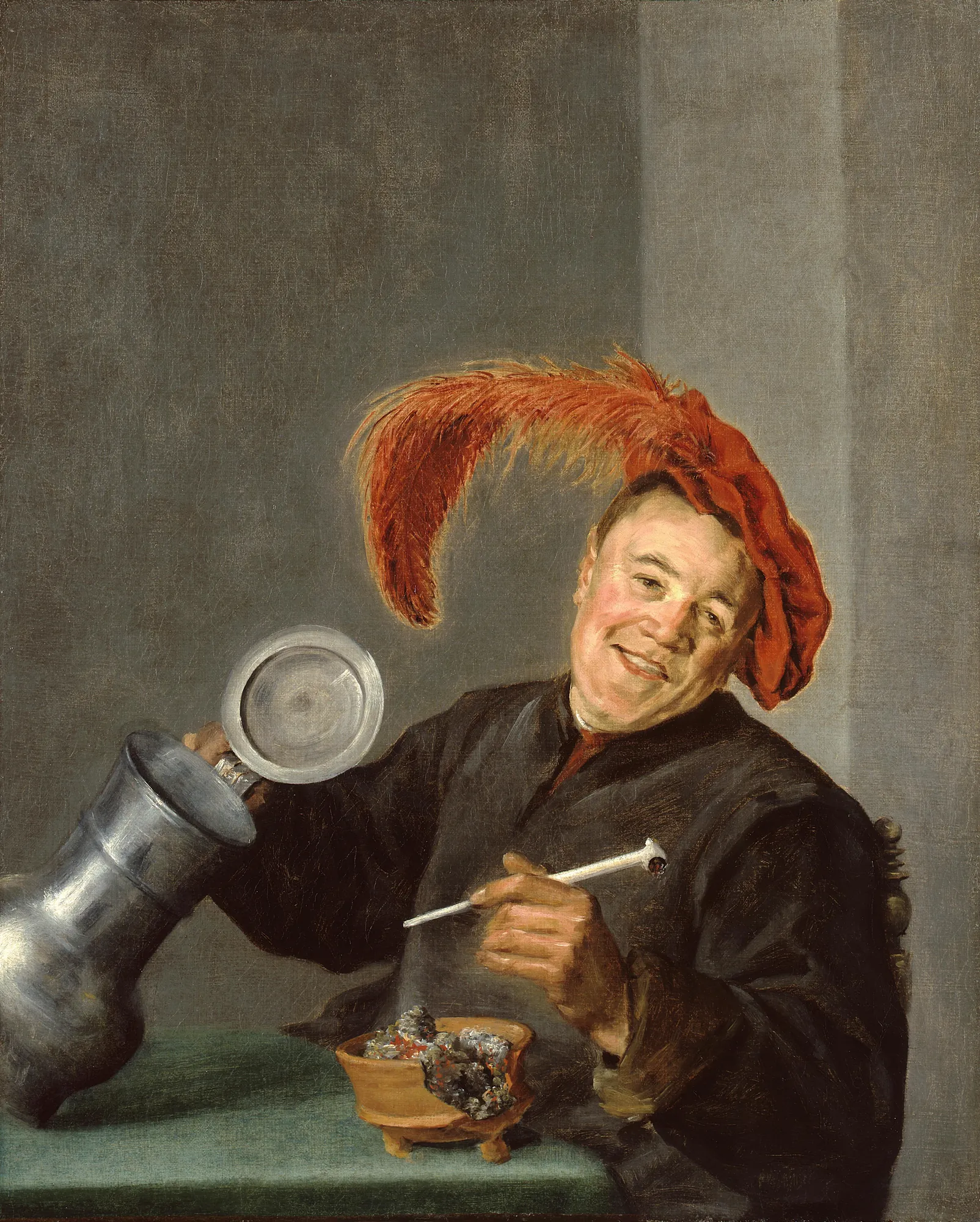 The Merry Toper The Merry Toper by Judith Leyster. A cheerful man in a red plumed hat sits at a table, holding an open pewter jug and a white clay pipe.