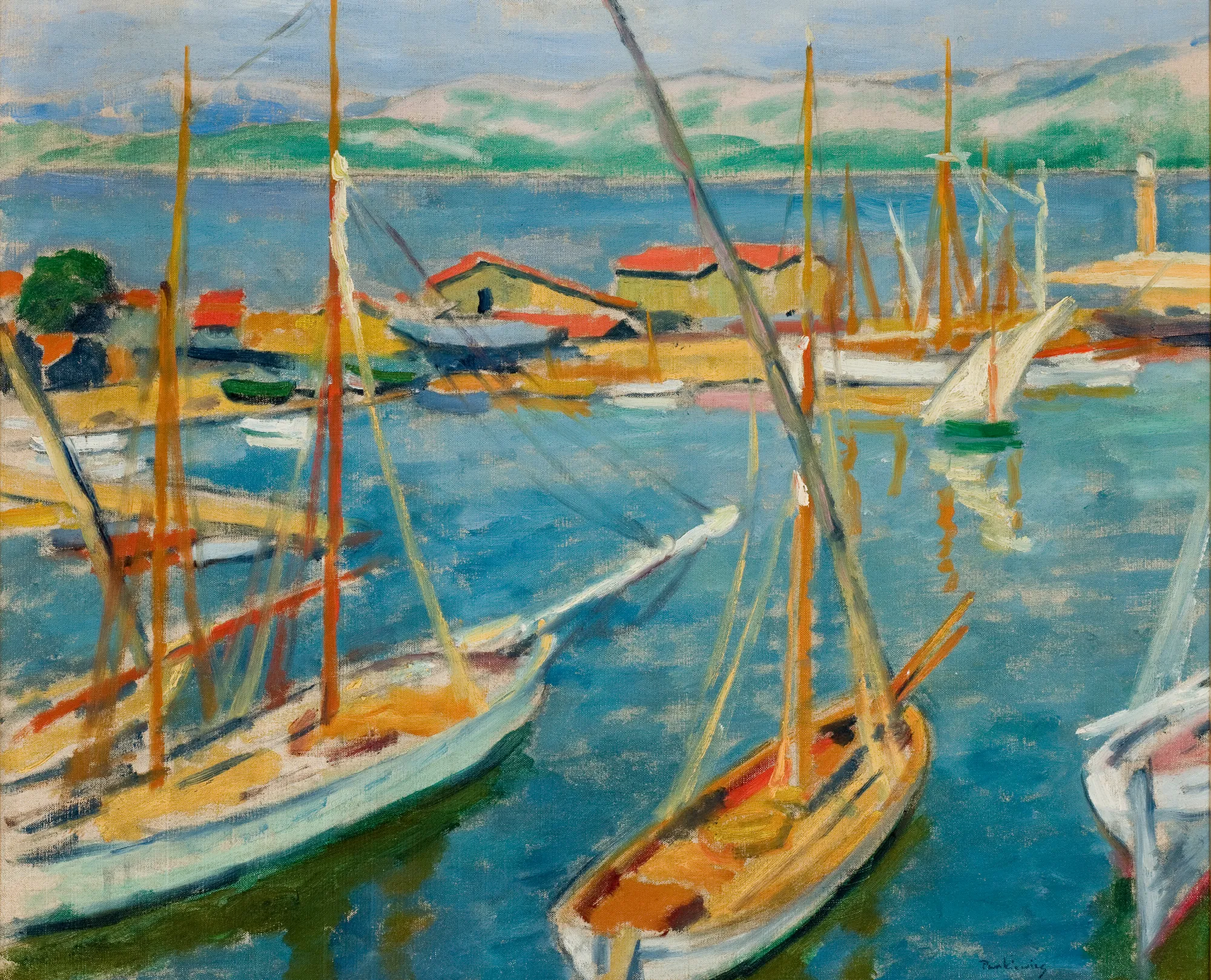 Harbour at Saint-Tropez Harbour at Saint-Tropez by Józef Pankiewicz. A Post-Impressionist oil painting depicting several masted sailing boats moored in a calm blue harbor with red-roofed buildings and distant green hills.