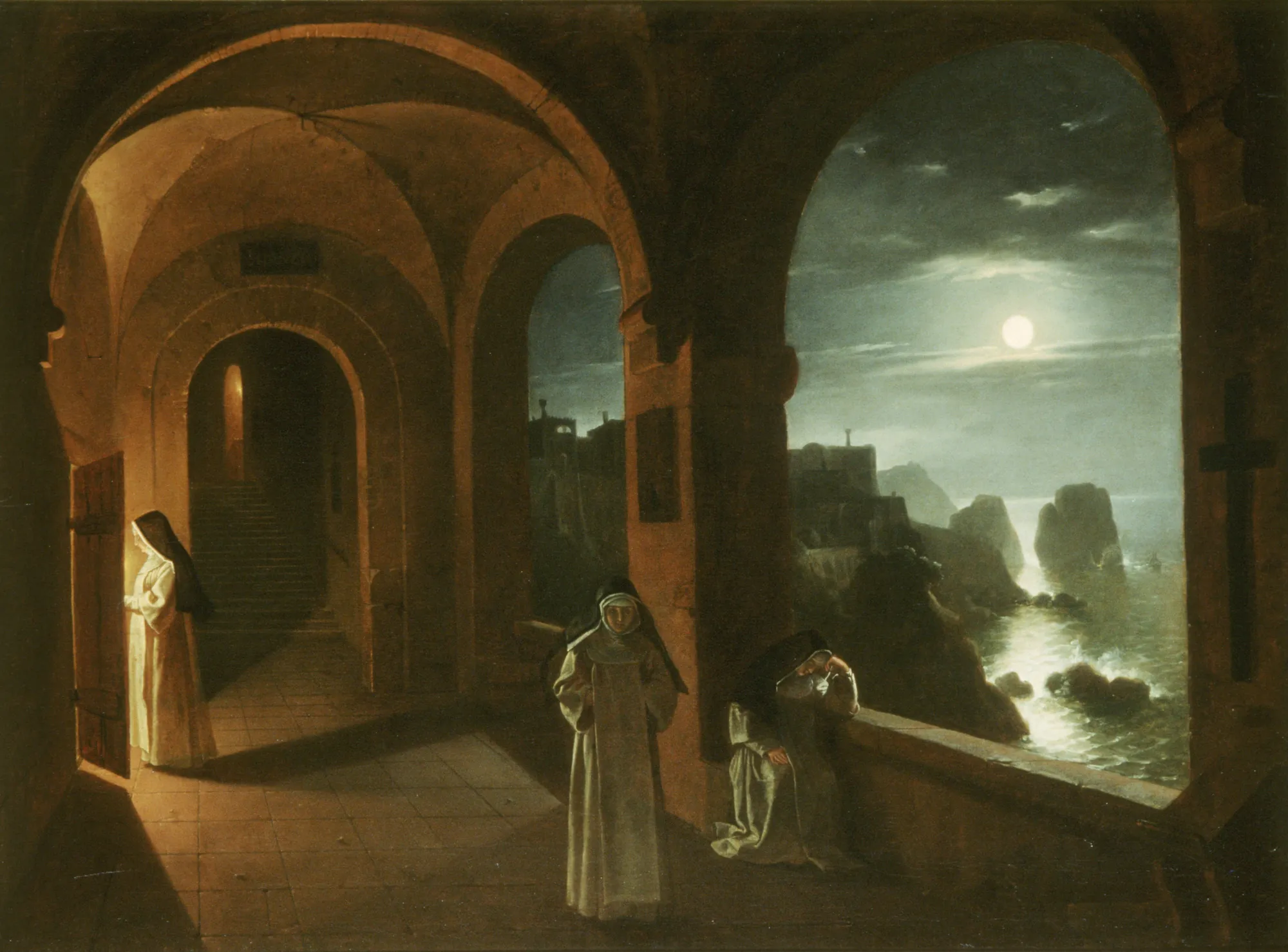 Nuns in the Certosa Cloister overlooking a Moonlit Sea