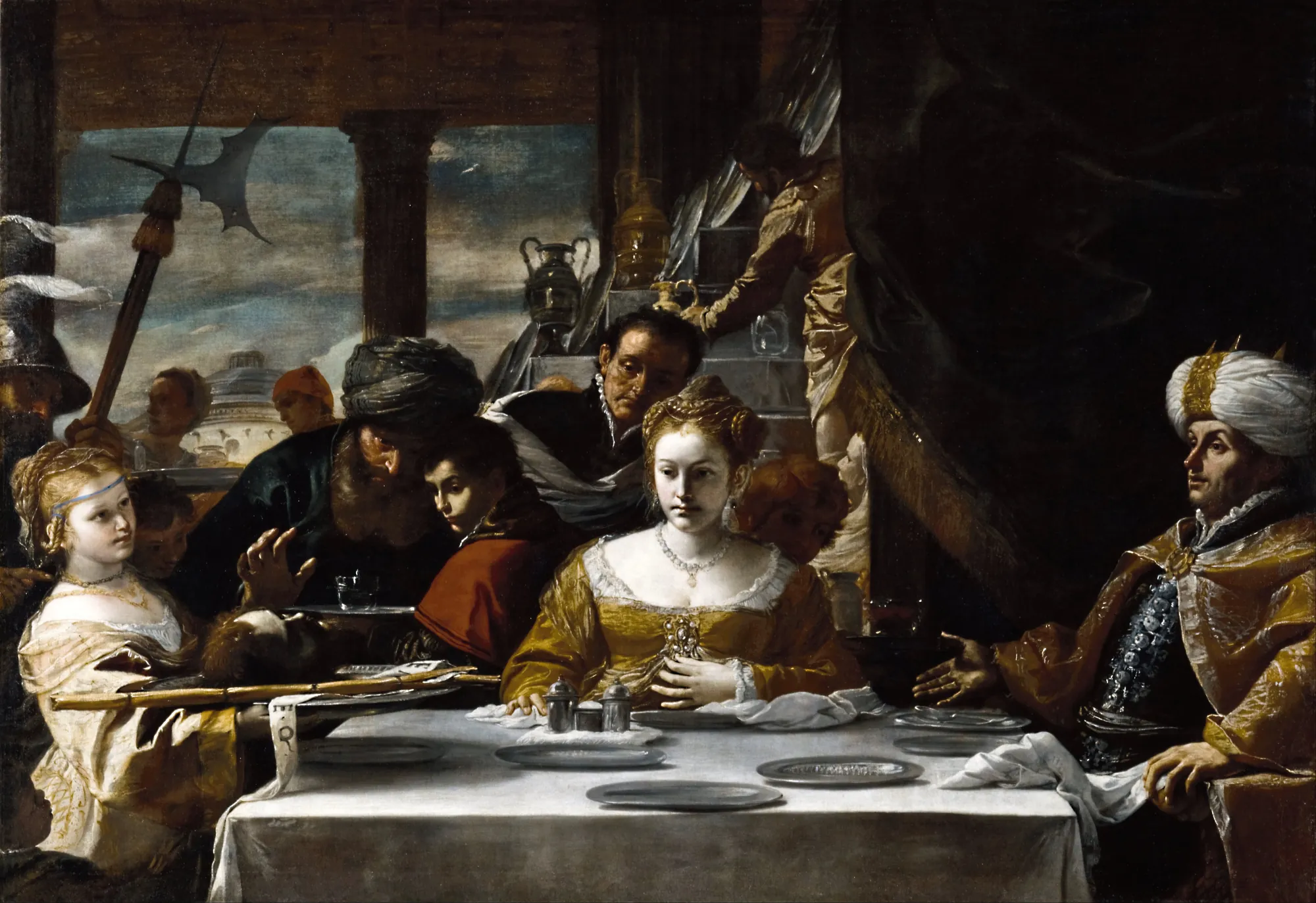 Feast of Herod Feast of Herod by Mattia Preti. A dramatic Baroque banquet scene where Salome presents the head of John the Baptist on a platter to a seated King Herod under intense chiaroscuro lighting.