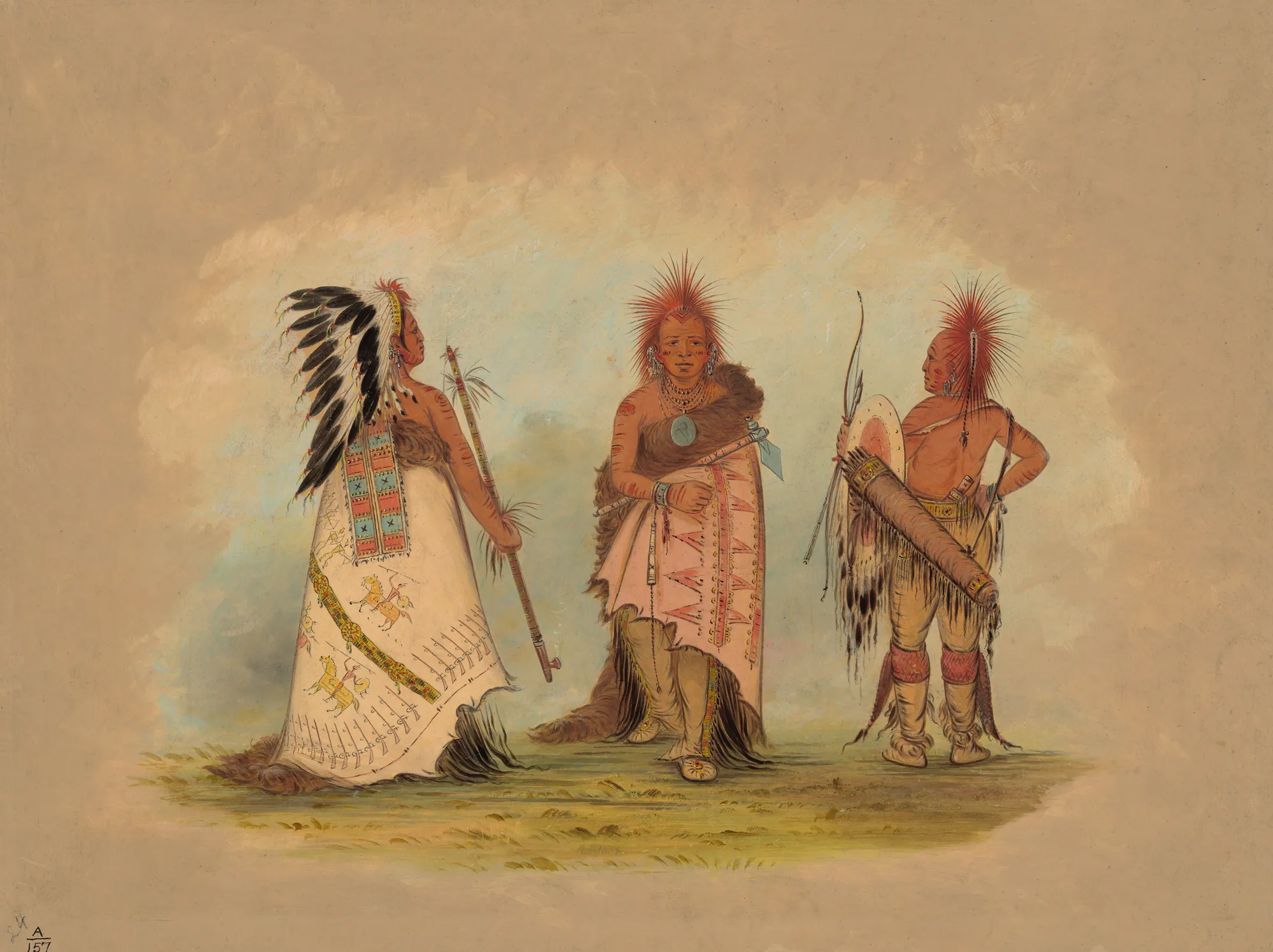 A Pawnee Chief with Two Warriors A Pawnee Chief with Two Warriors by George Catlin. Three Pawnee men are depicted standing in traditional regalia, including headdresses, painted robes, and weaponry, against a neutral, hazy background.