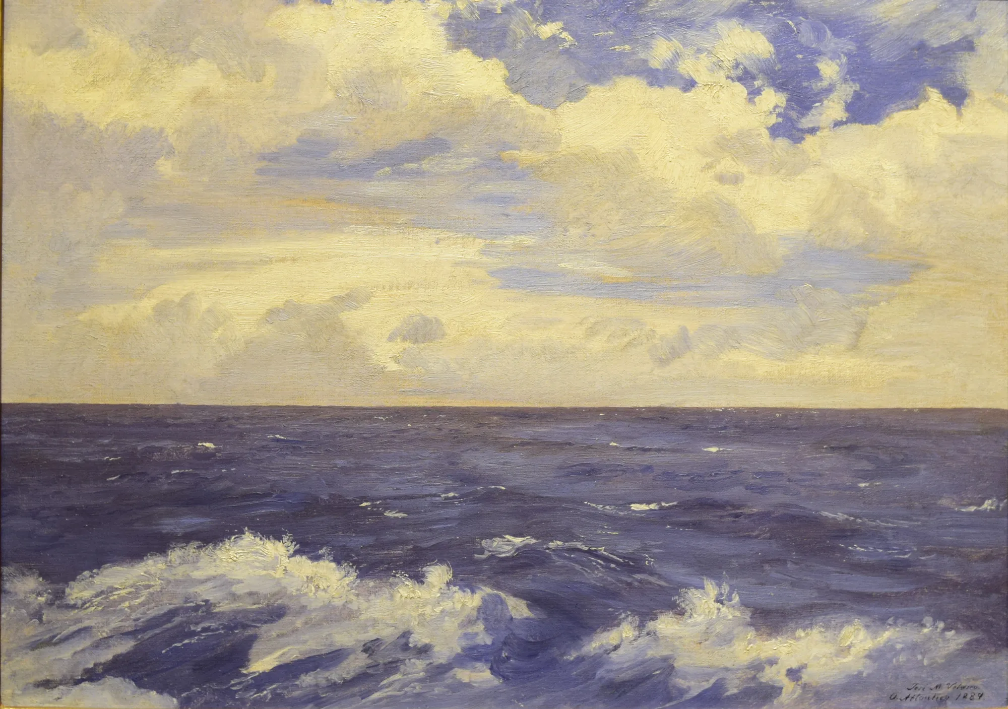 Atlantic Ocean Atlantic Ocean by José María Velasco Gómez Obregón. A horizontal seascape painting featuring churning blue waves with white foam under a vast sky filled with luminous white and soft yellow clouds.