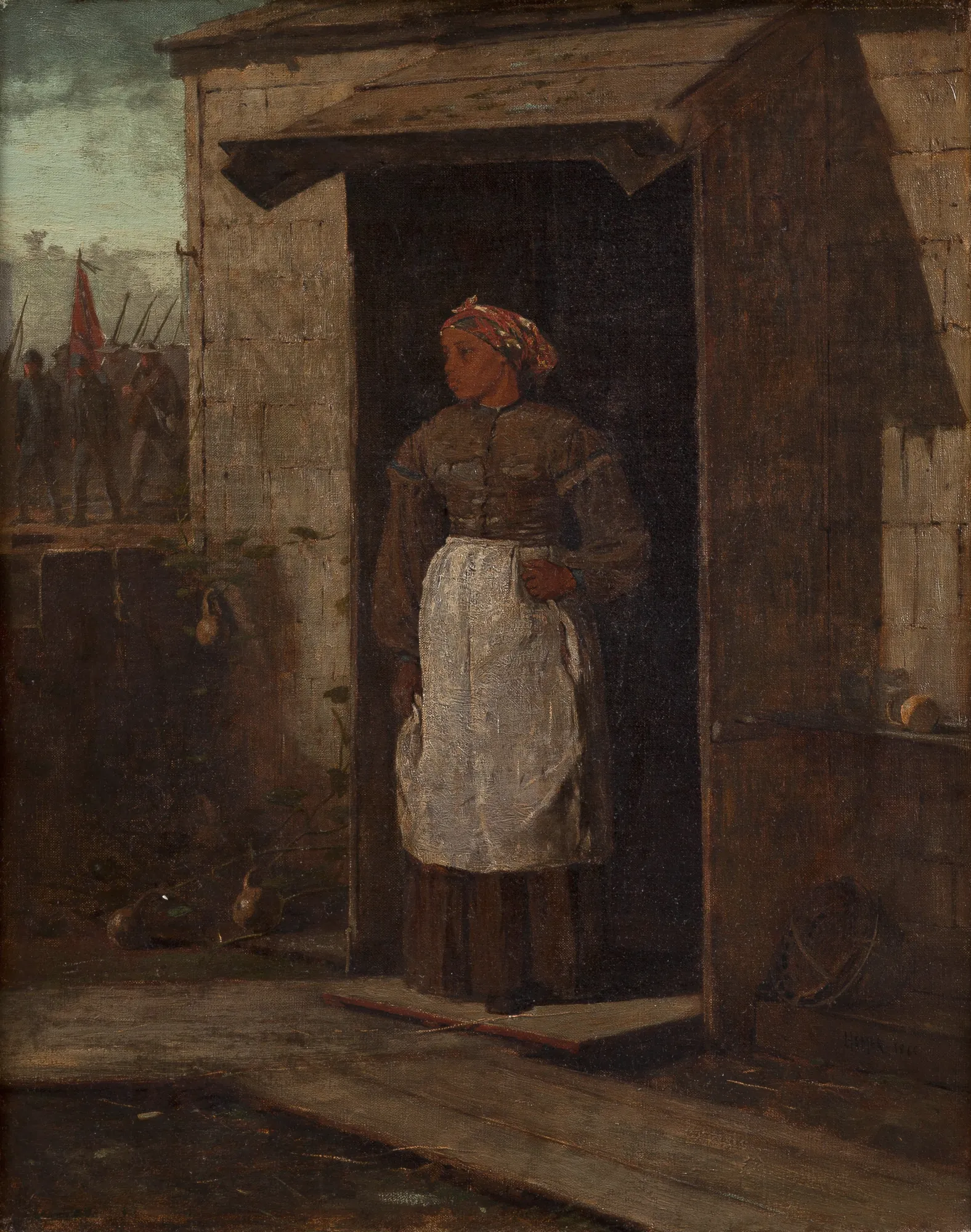 Near Andersonville Near Andersonville by Winslow Homer. A young Black woman stands in the shadows of a wooden doorway, looking toward Union soldiers and a flag visible in the background.