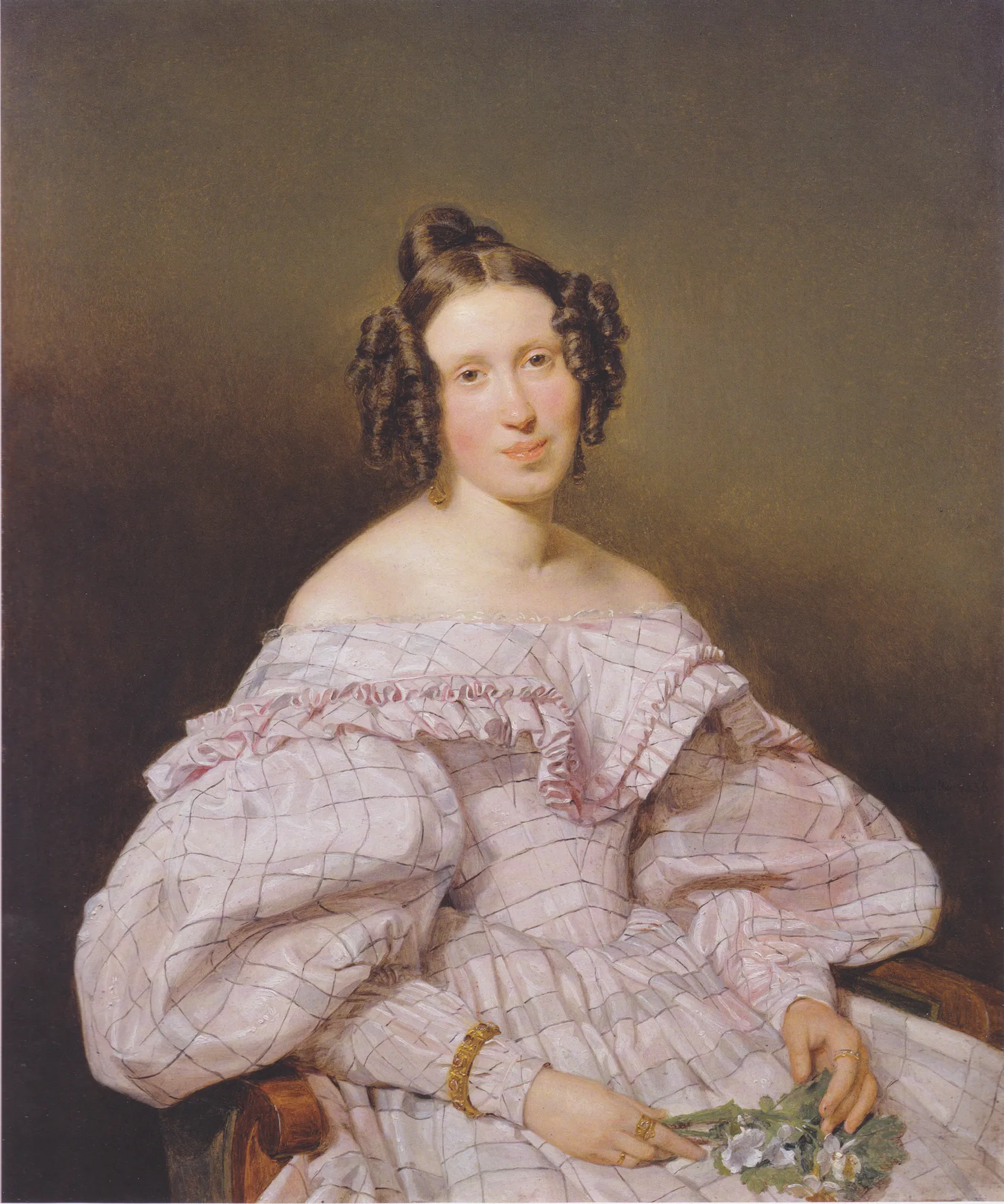 Portrait of Therese Löffler Portrait of Therese Löffler by Ferdinand Georg Waldmüller. A 19th-century portrait of a woman with ringlet curls wearing a voluminous pink checkered dress and holding a small bouquet of flowers.
