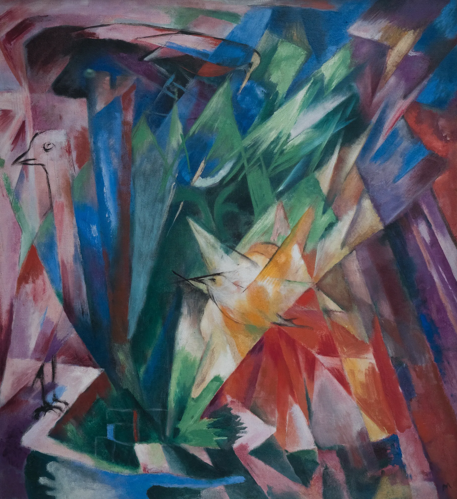 Birds Birds by Franz Marc. An expressionist painting depicting abstracted, geometric forms of birds in a vibrant palette of red, blue, green, and yellow.
