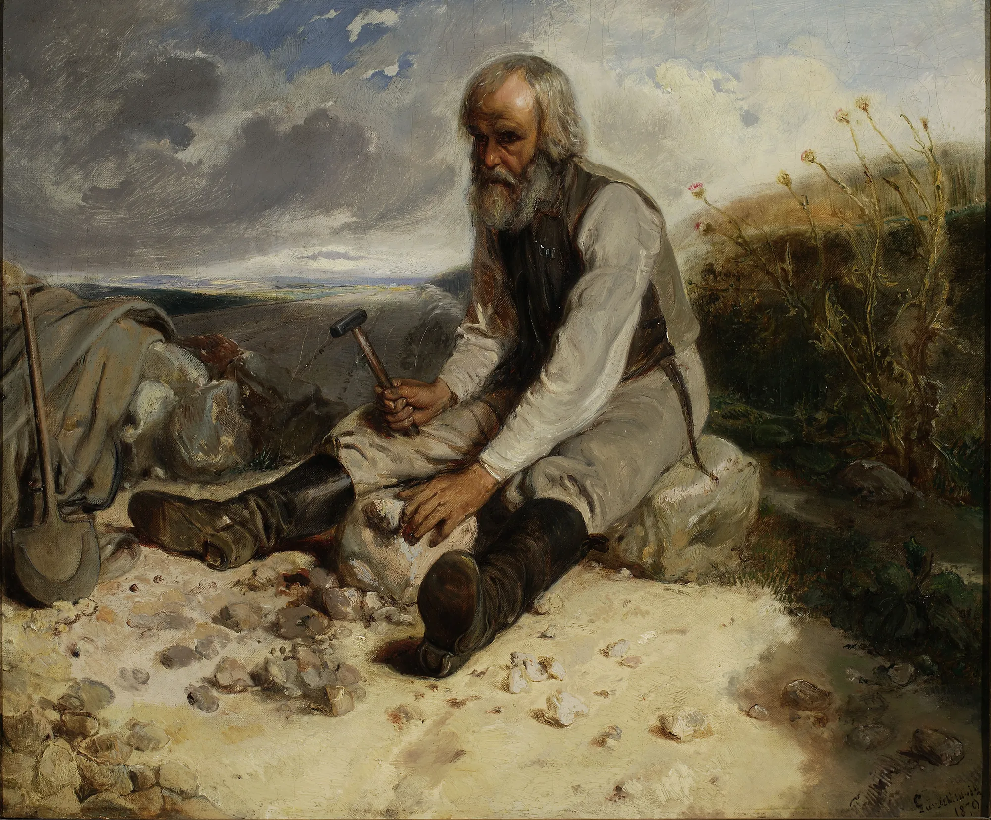 Stonemason Stonemason by Władysław Łuszczkiewicz. An elderly stonemason with a gray beard sits on the ground, holding a hammer and focusing on a large stone in an open field.