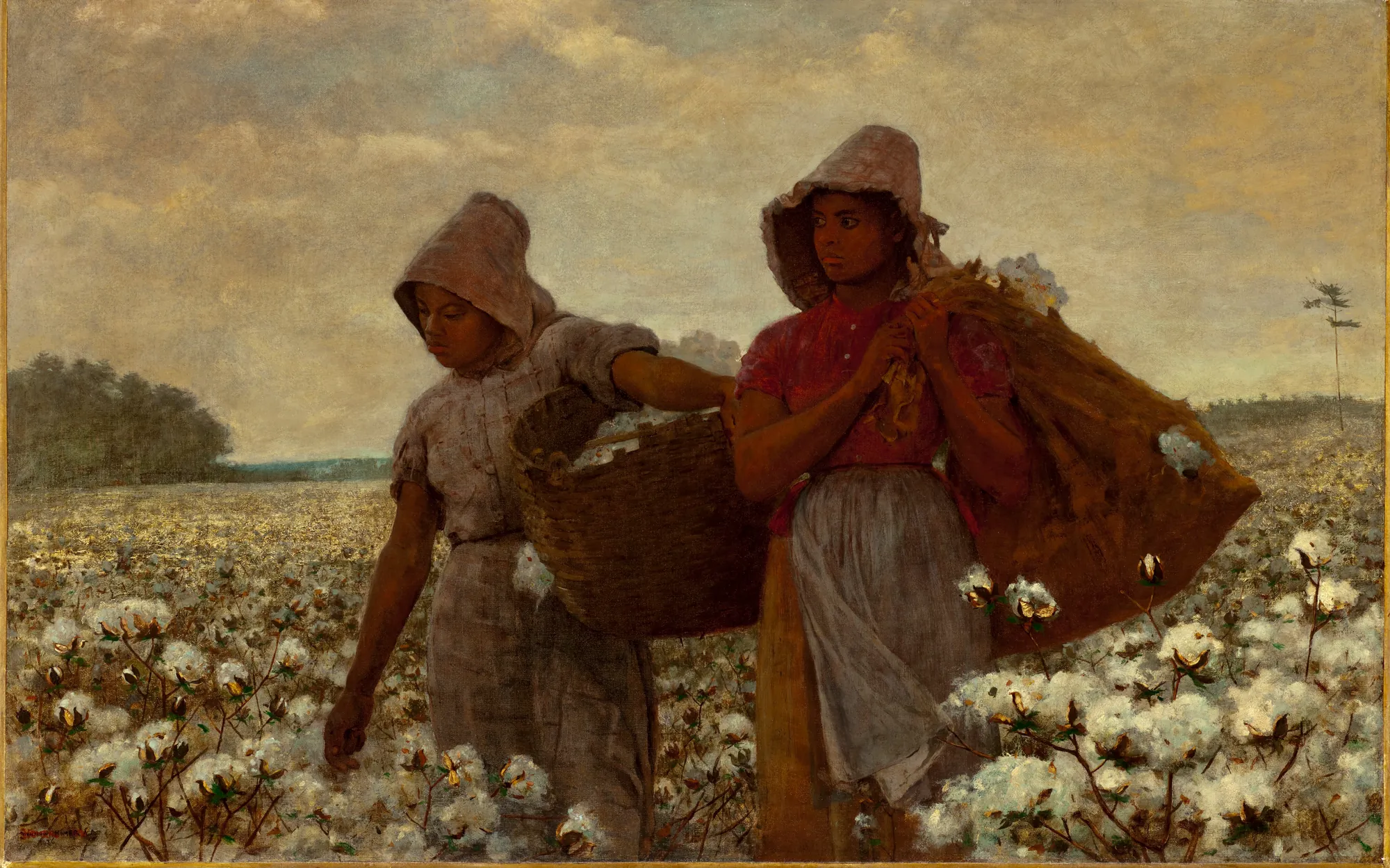 The Cotton Pickers The Cotton Pickers by Winslow Homer. Two African American women wearing bonnets stand in a sprawling cotton field under an expansive, hazy sky.