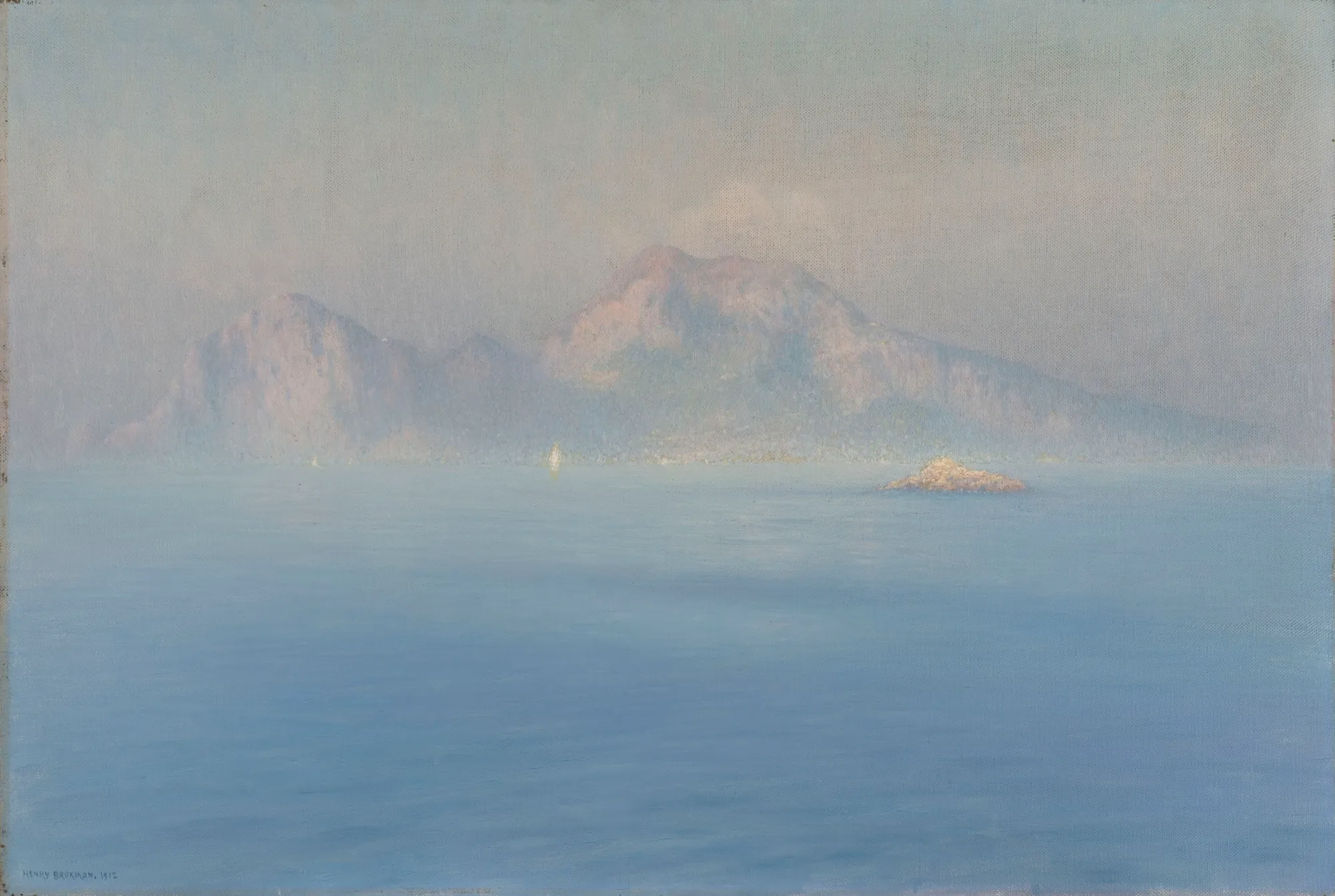 Capri, Steep Coast Seen from the Sea Capri, Steep Coast Seen from the Sea by Henry Brokmann. An ethereal, hazy view of the island of Capri rising from a calm blue sea under a pale sky.
