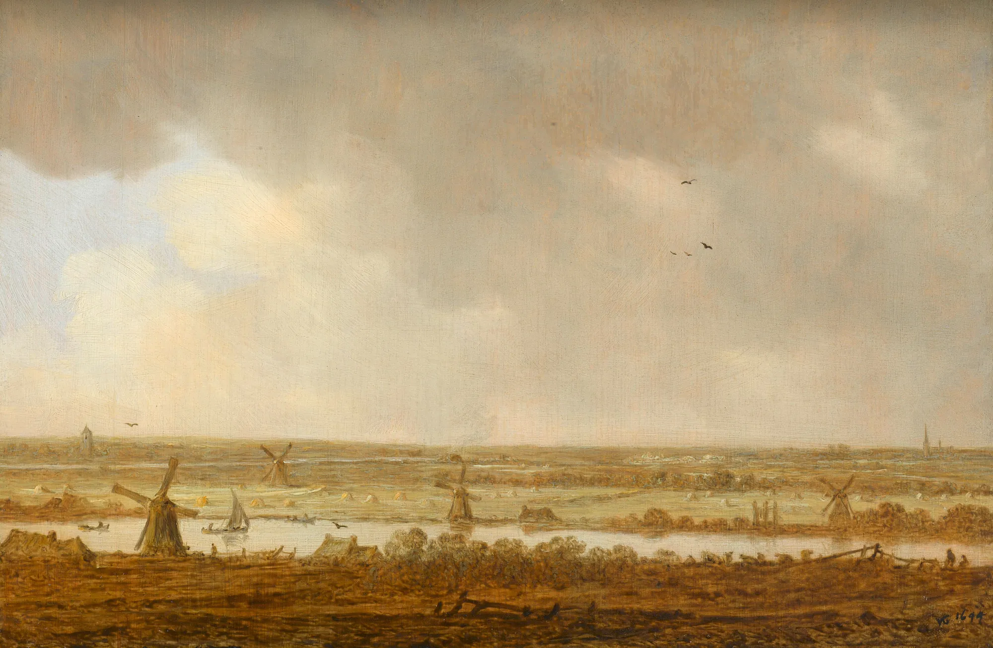 Polder Landscape Polder Landscape by Jan van Goyen. A wide Dutch polder landscape featuring several windmills and a river under an expansive, cloudy sky.