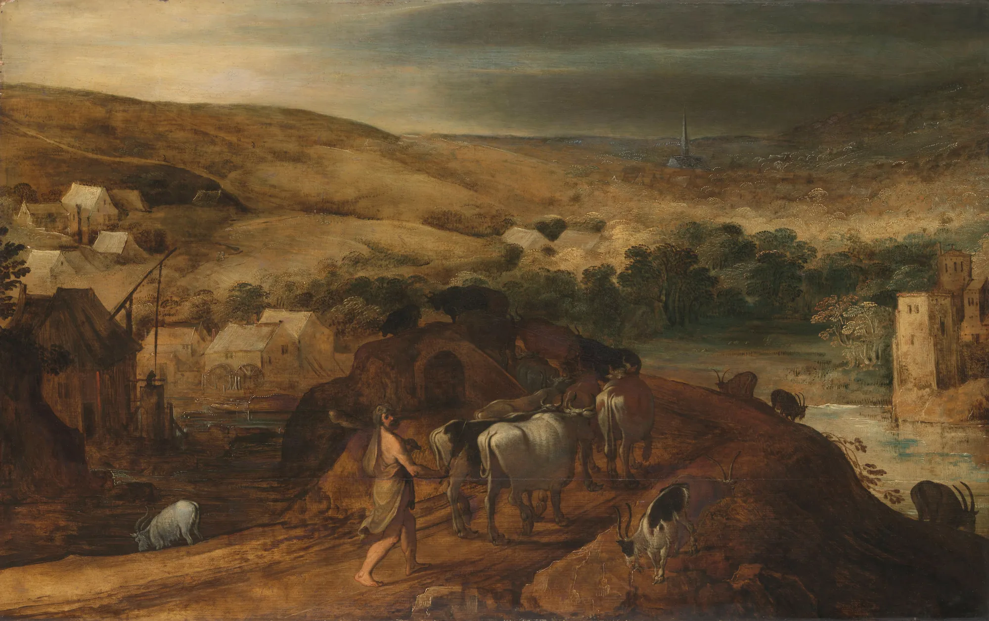 Hercules Steals the Oxen of Geryon Hercules Steals the Oxen of Geryon by Joos de Momper the Younger. A wide, atmospheric landscape showing Hercules driving a herd of cattle across rolling hills toward a distant village under a moody sky.