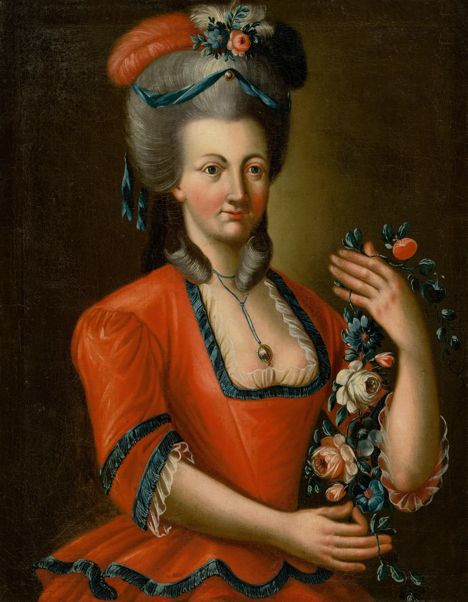 Portrait of a Lady with Roses Portrait of a Lady with Roses by Unknown Artist. A portrait of a woman with high powdered hair and a vibrant orange gown holding a flowering branch.