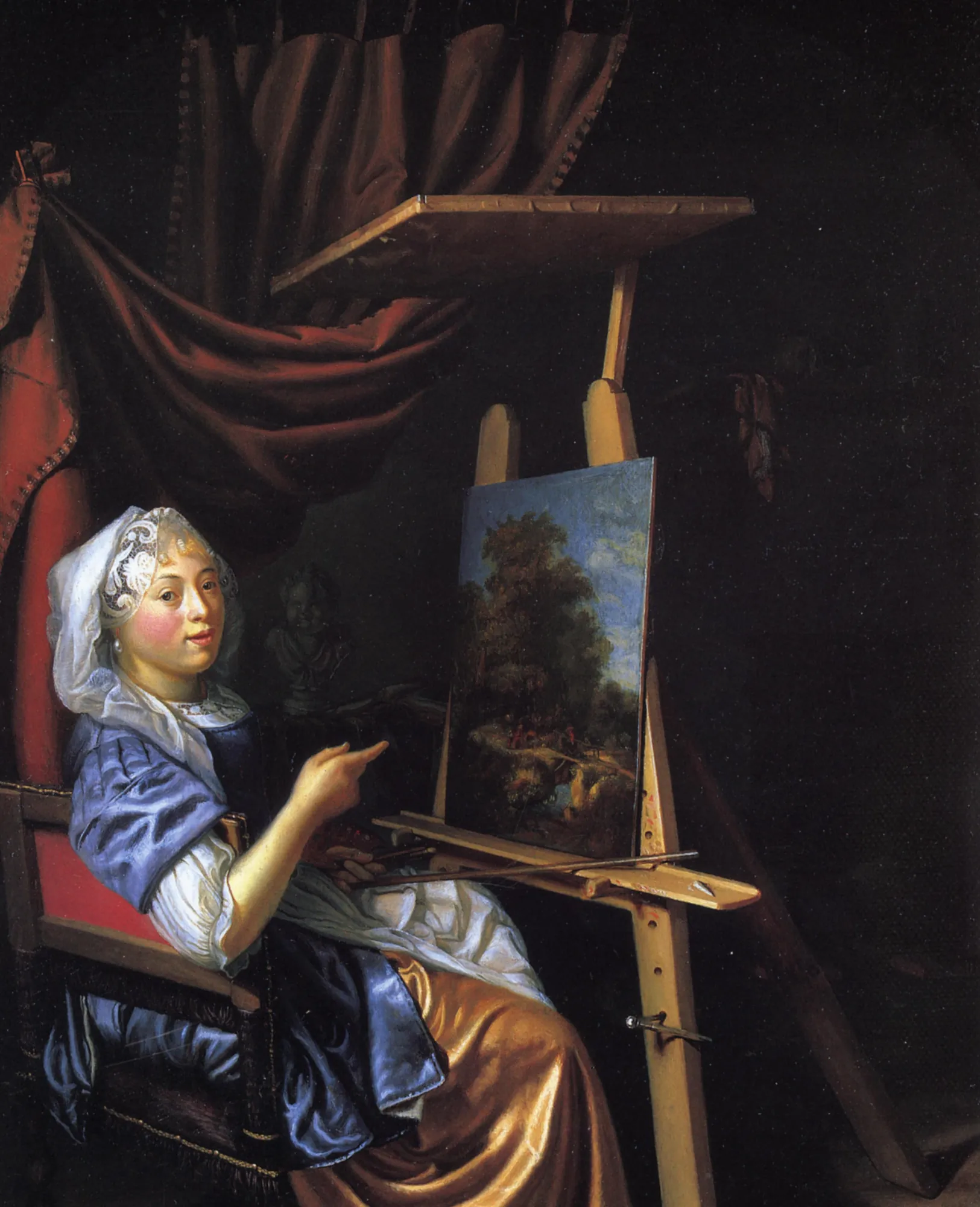 Self-Portrait at Her Easel Self-Portrait at Her Easel by Maria Schalcken. A 17th-century woman in a blue and gold gown sits in a dark studio, gesturing with one hand toward a landscape painting on her wooden easel.