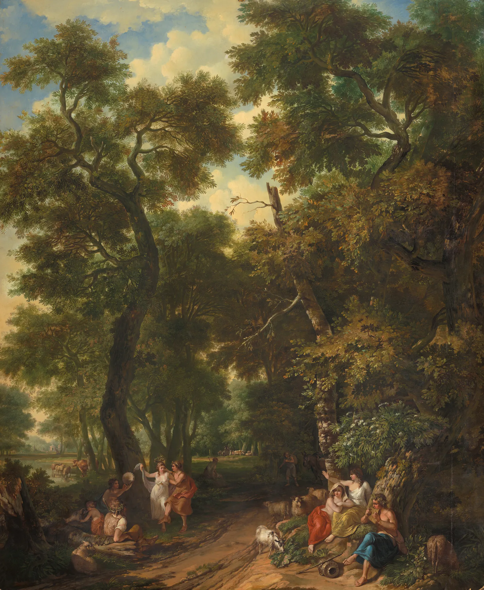 Arcadian Landscape with Shepherds Making Music and Dancing Arcadian Landscape with Shepherds Making Music and Dancing by Jurriaen Andriessen. A lush, sunlit woodland scene featuring classical figures of shepherds dancing, playing music, and resting among their flock.